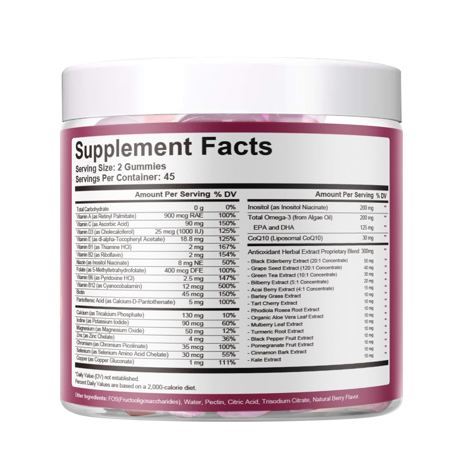 Women's Multivitamin Gummies, Berry Flavor, Sugar-Free, with Prebiotics, Omega-3, Inositol, CoQ10, and Vitamins A, C, D3, E, B12, Daily Support for Heart, Brain, Gut, Digestion, Energy & Immune