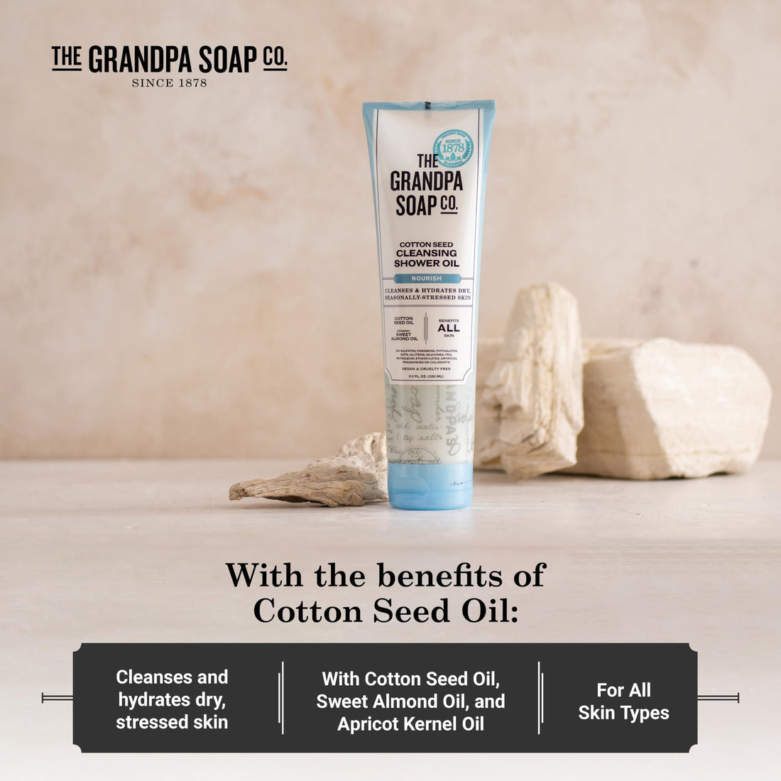 The Grandpa Soap Company Cottonseed Oil Body Wash Cottonseed Oil + Organic Sweet Almond Oil | Clean, Vegan & Cruelty Free Formula | Nourishing Body Soap for Sensitive Skin | 9.5 Fl. Oz. Tube