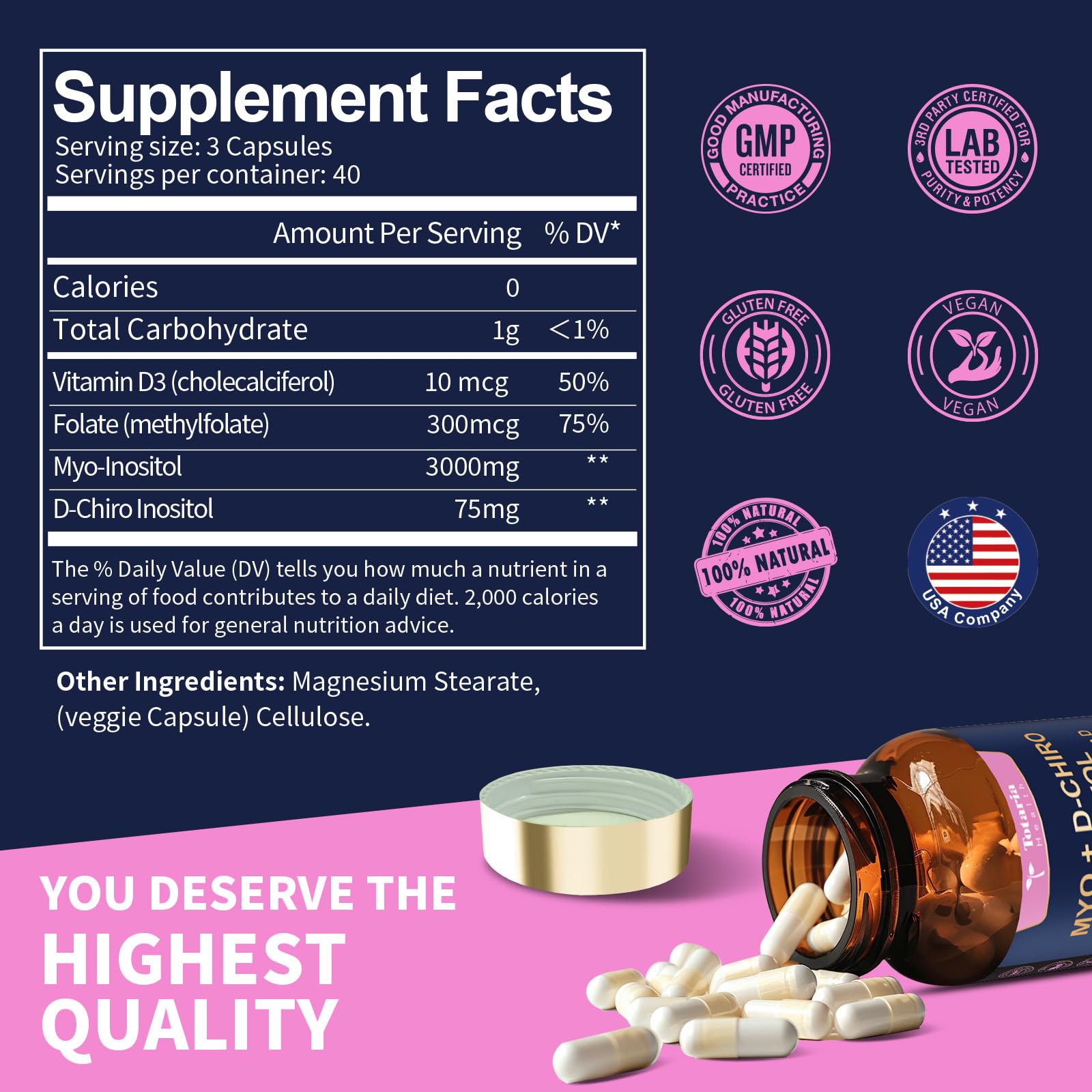 Totaria Inositol Supplement - Myo-Inositol & D-Chiro Inositol Capules Plus Vitamin D3, Folate, Ideal 40:1 Ratio - Hormonal Balance for Women & Ovarian* Support | Vegan, Non GMO - 120 Caps
