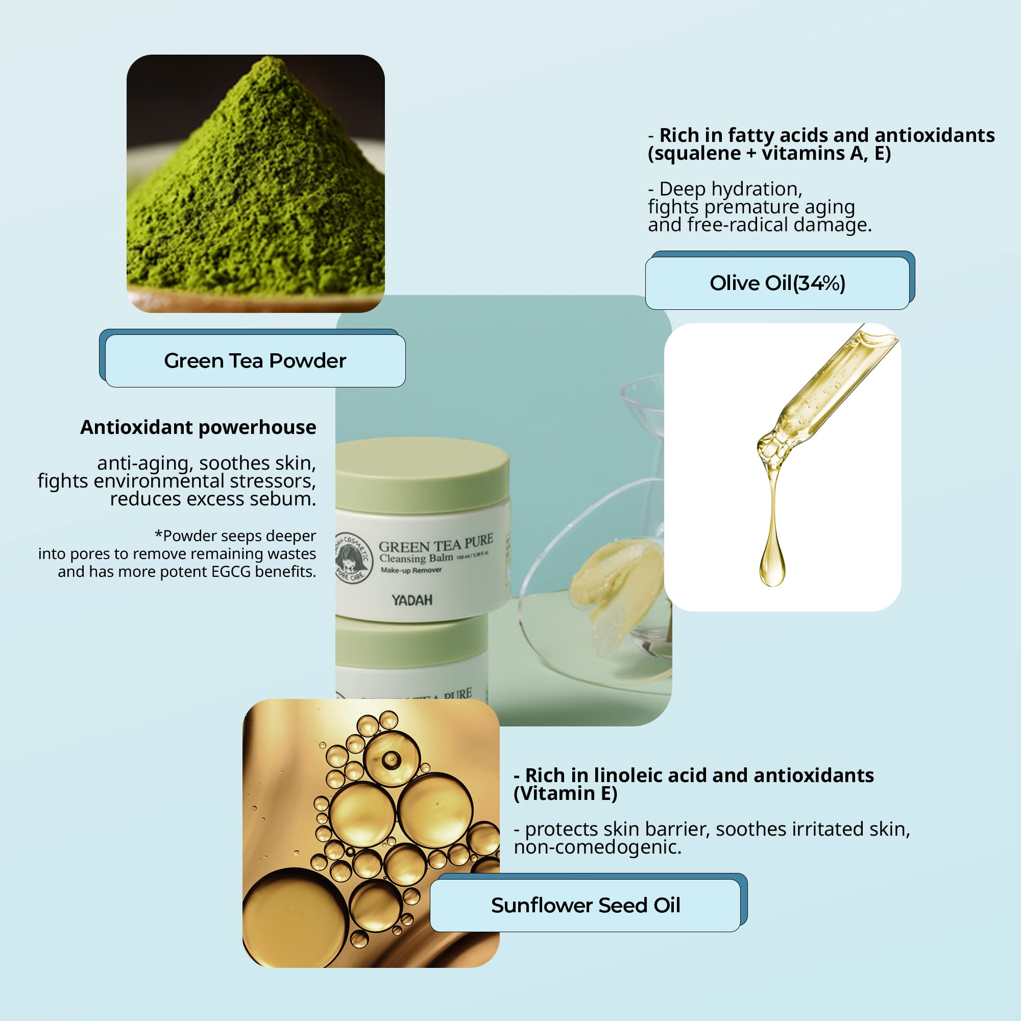 Yadah Green Tea Pure Cleansing Balm 3.38 Fluid Ounce, Hypoallergenic Make-up Remover Deep Cleanser Natural Ingredients No Irritation