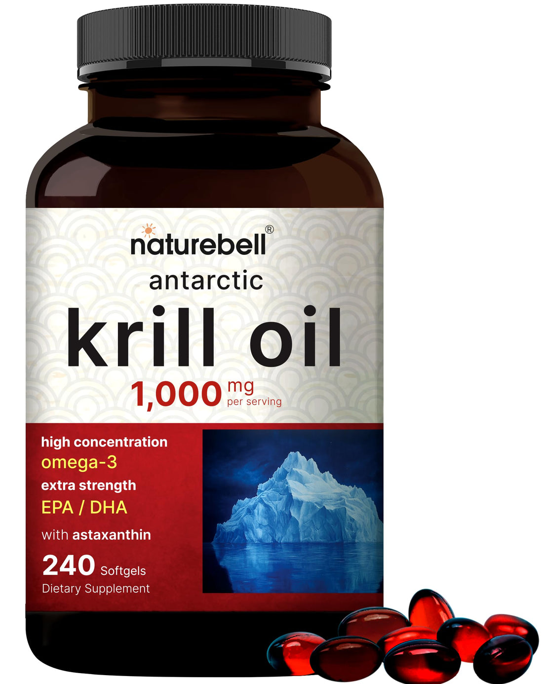 NatureBell Antarctic Krill Oil 1000mg Supplement, 240 Softgels, Natural Source of Omega-3s, EPA, DHA and Astaxanthin - No Aftertaste - Support Heart Health, Mercury Free & Non-GMO