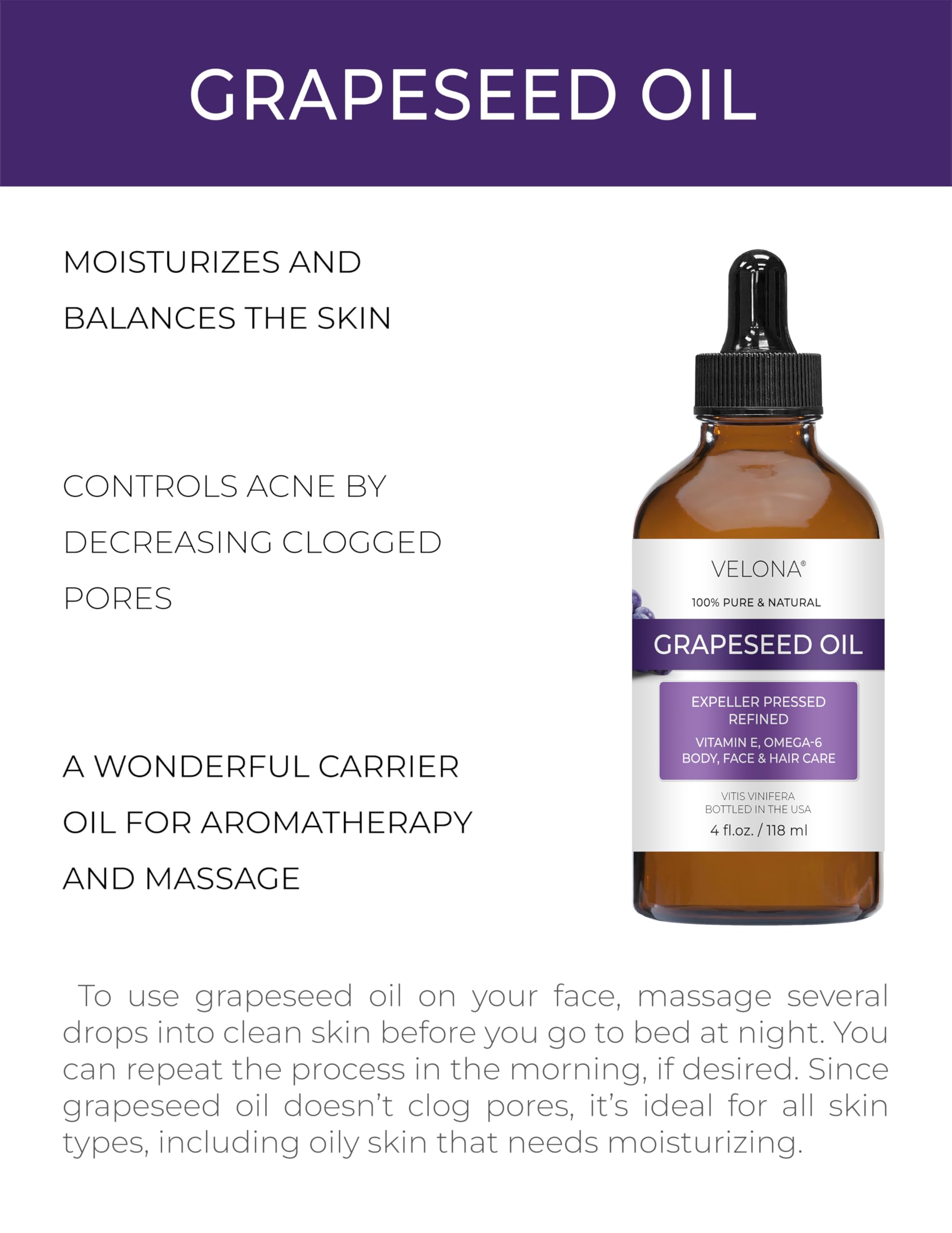 velona Grapeseed Oil 4 fl oz | 100% Pure and Natural Carrier Oil | Refined, Cold pressed | Skin, Face, Body, Hair Care | Use Today - Enjoy Results