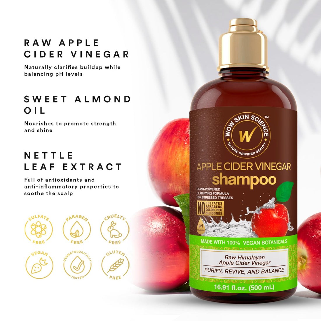 WOW Skin Science Apple Cider Vinegar Shampoo - Hair Growth Shampoo for Thinning Hair, Hair Loss & Dandruff Shampoo - Parabens & Sulfate Free Shampoo - Clarifying Shampoo for Build Up Purifying Shampoo