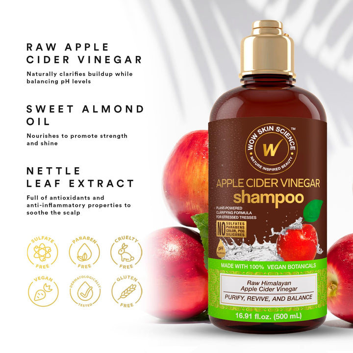 WOW Skin Science Apple Cider Vinegar Shampoo - Hair Growth Shampoo for Thinning Hair, Hair Loss & Dandruff Shampoo - Parabens & Sulfate Free Shampoo - Clarifying Shampoo for Build Up Purifying Shampoo
