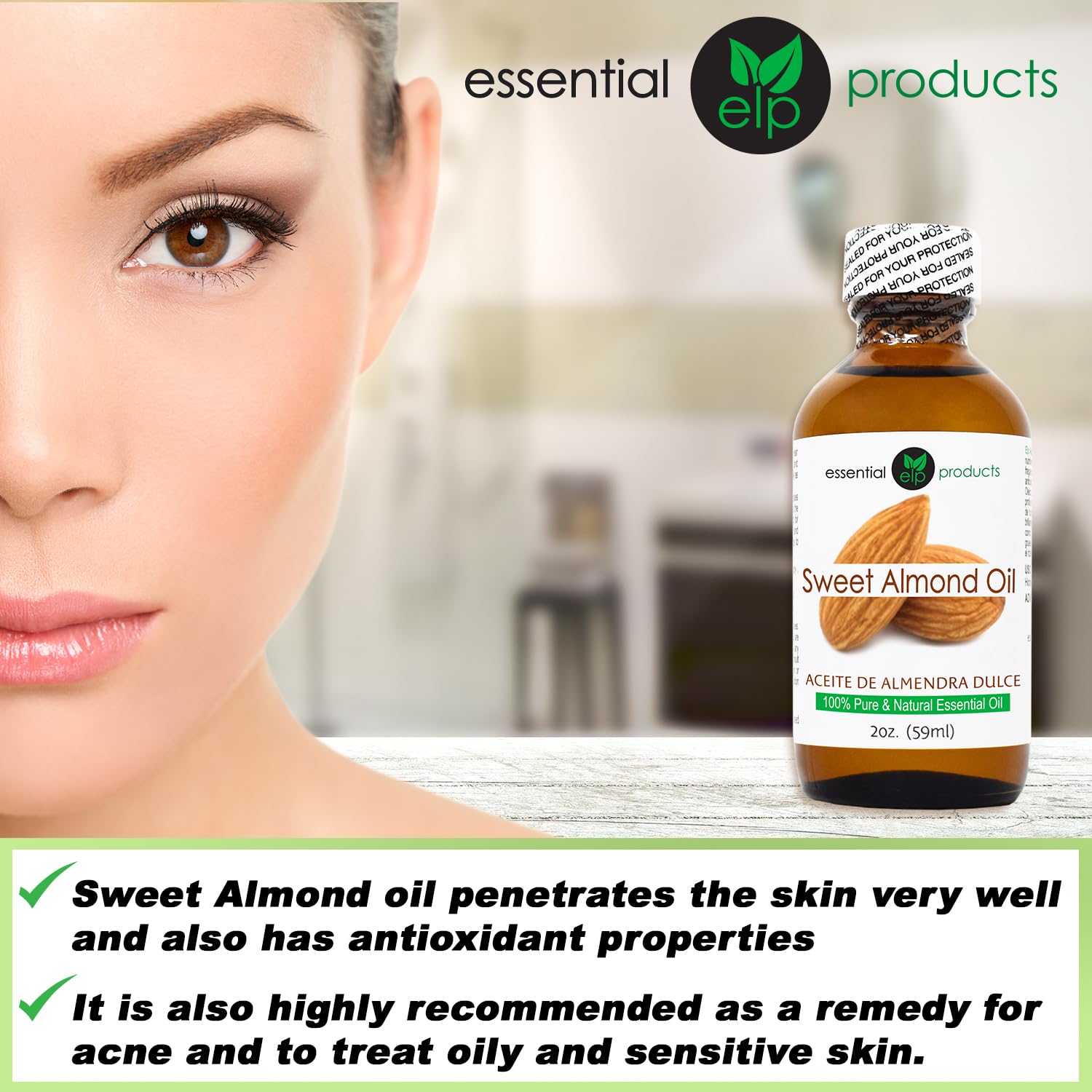EASY LOOK ELP Pure Sweet Almond Oil 100% Pure & Natural Carrier Oil 2 fl oz
