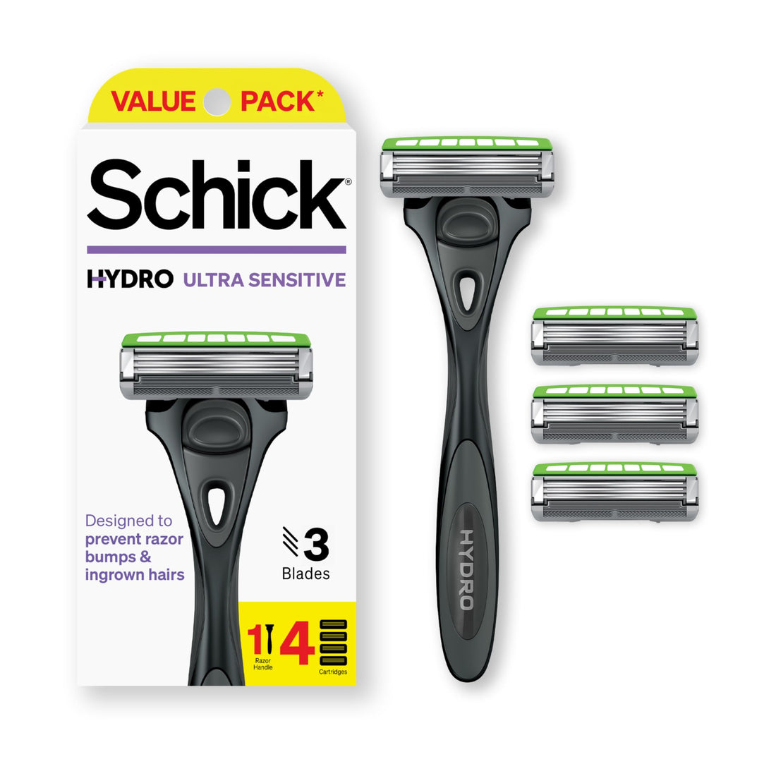 Schick Hydro Skin Comfort Sensitive 3 Blade Razor for Men Handle and 4 Refills, 1 Count