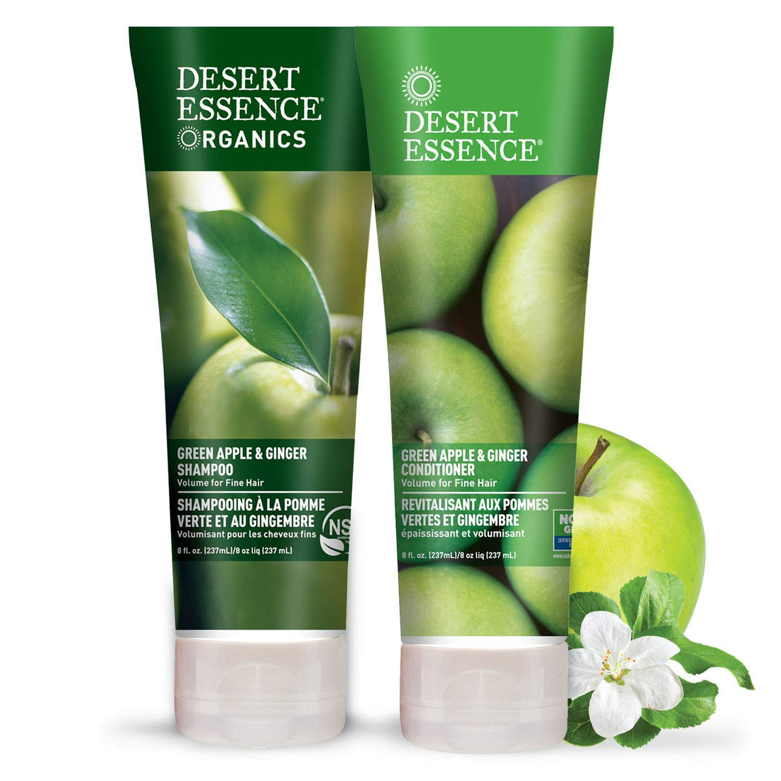 Desert Essence All Natural Organic Green Apple & Ginger Volumizing Shampoo and Conditioner Bundle With Aloe Vera, Kelp, Nettle and Ginger for Cleansing Environmental Pollutants, 8 fl. oz. each