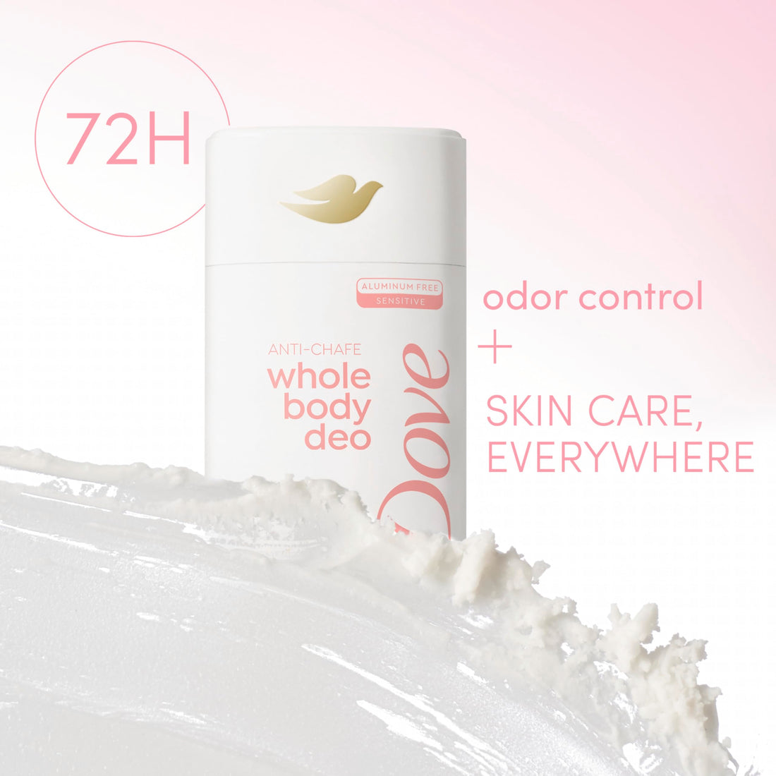 Dove Whole Body Deo Aluminum Free Anti-Chafe Deodorant Stick Raspberry & Rose for 72h Odor Control 2.6 Oz