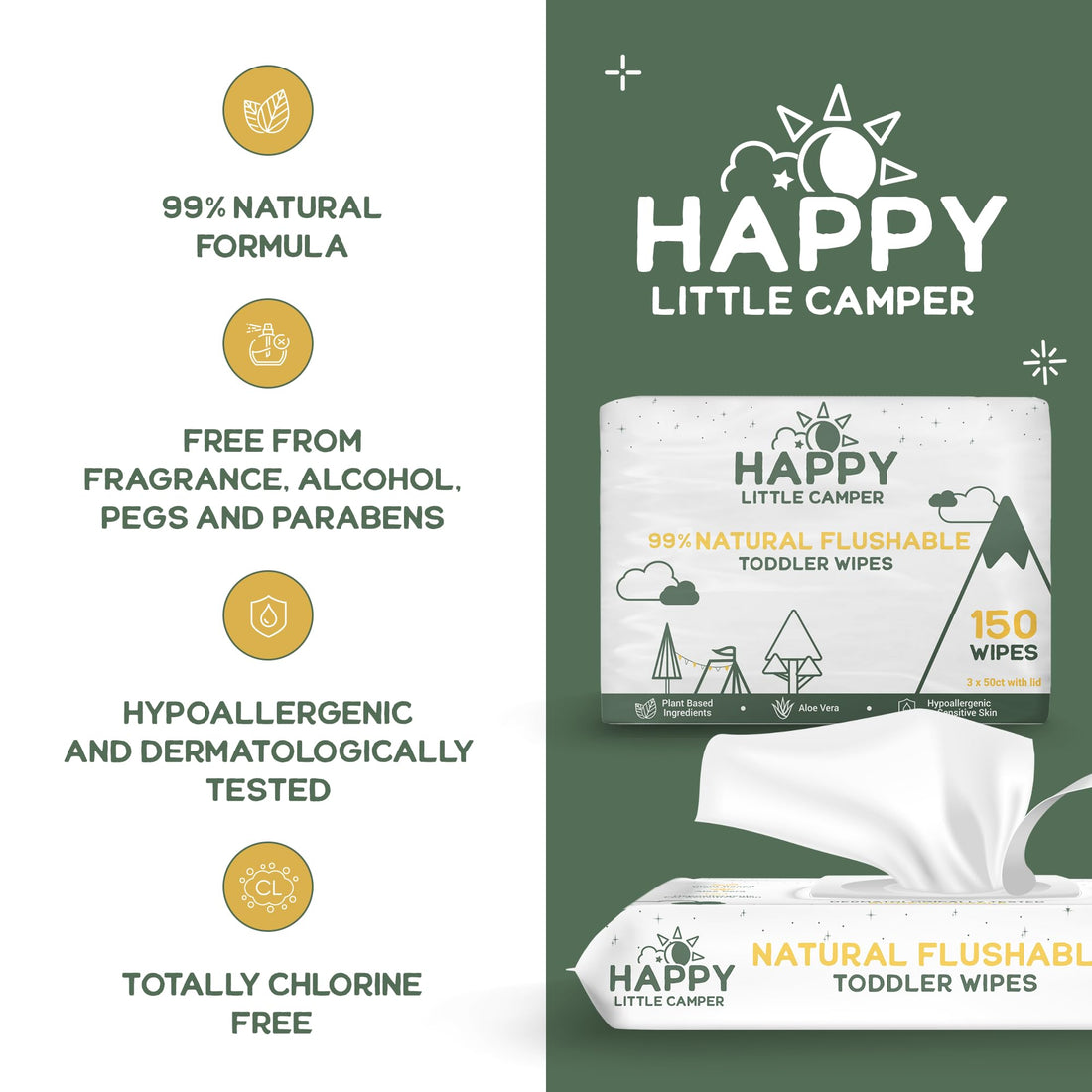 Happy Little Camper Flushable Baby Wipes with Organic Aloe, Septic Safe, 50 Count