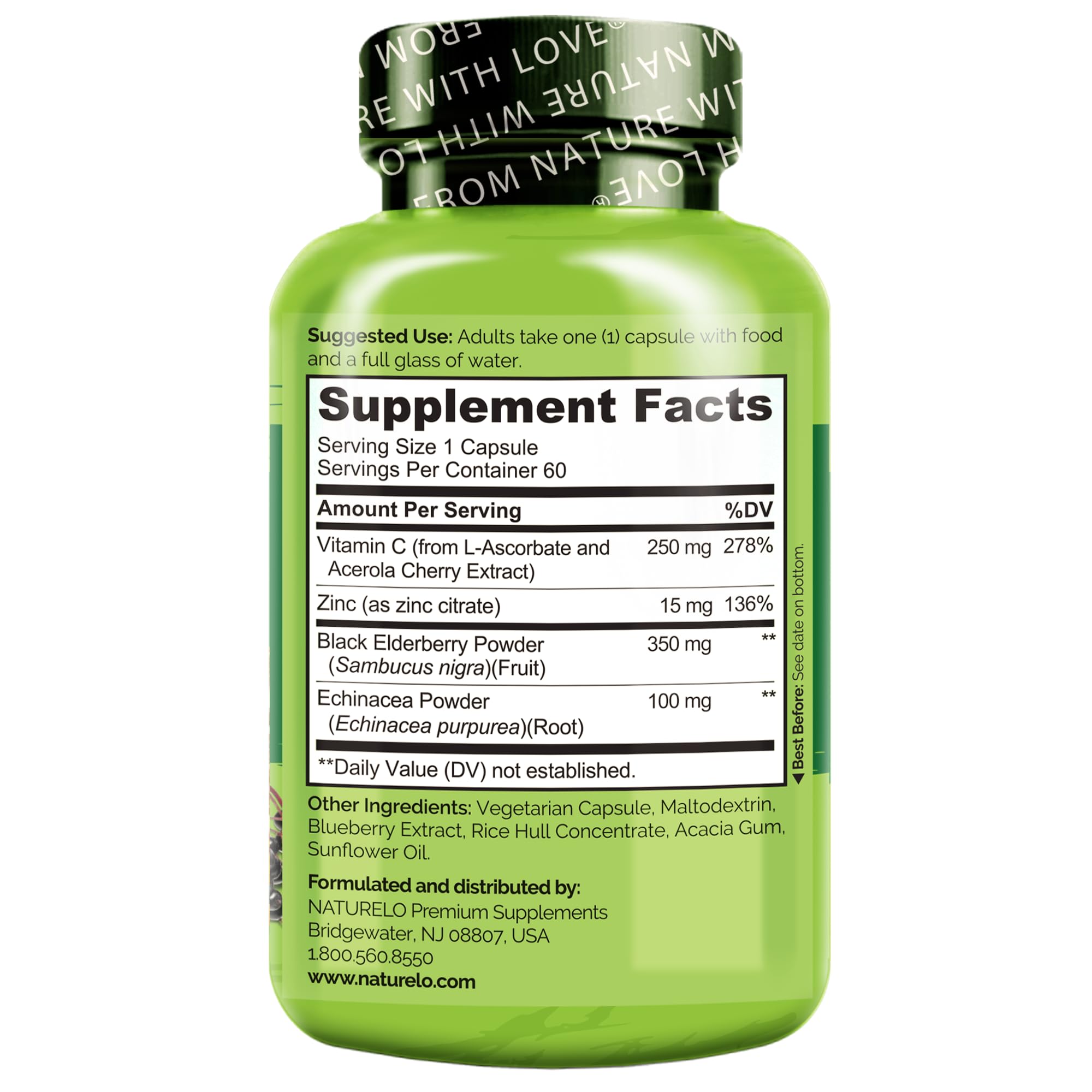 NATURELO Immune Support – Vitamin C, Elderberry, Zinc, Echinacea – Natural Immunity Boost w/Antioxidant, Herbal & Mineral Defense - 60 Vegan Capsules