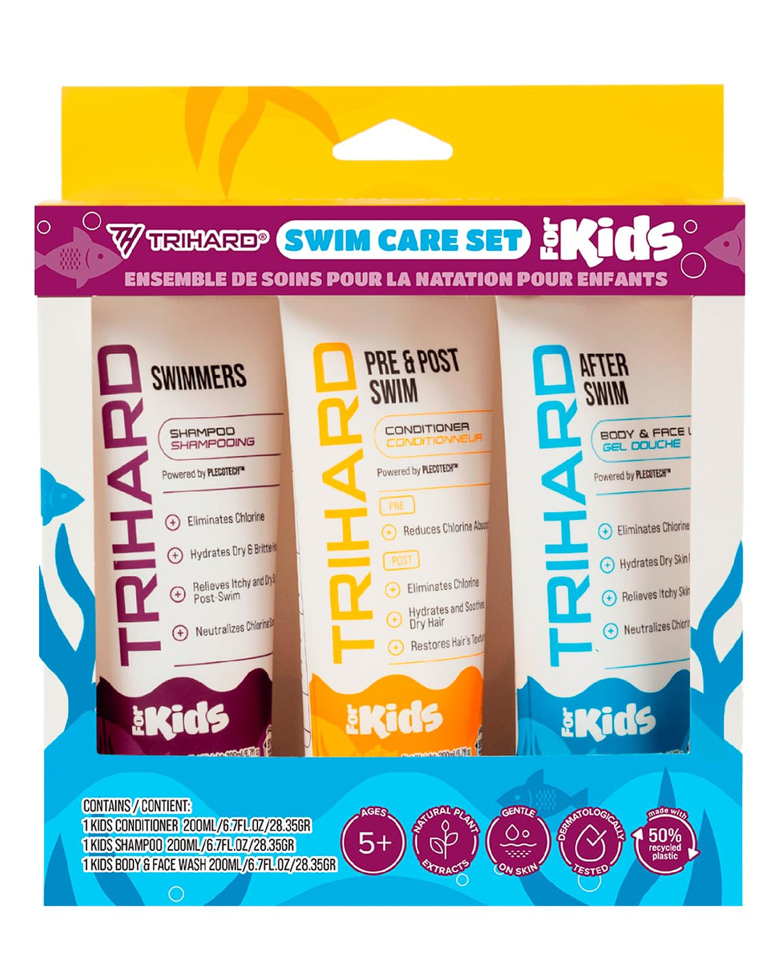 TRIHARD Essential Swim Care Kit For Kids, 3-in-1 Shampoo, Conditioner, Body Wash, Chlorine Shampoo for Swimmers, Leave-In Conditioner, Pool Essentials, Ultimate Swimming Hair Care for Kids