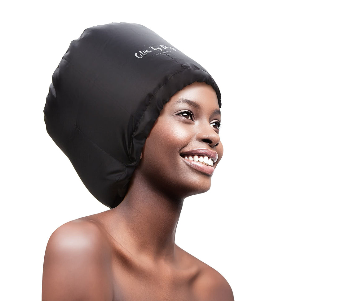 Glow By Daye Bonnet Hood Hair Dryer Attachment- Soft, Adjustable Extra Large Hooded Bonnet for Hand Held Hair Dryer with Stretchable Grip and Extended Hose Length (Black)