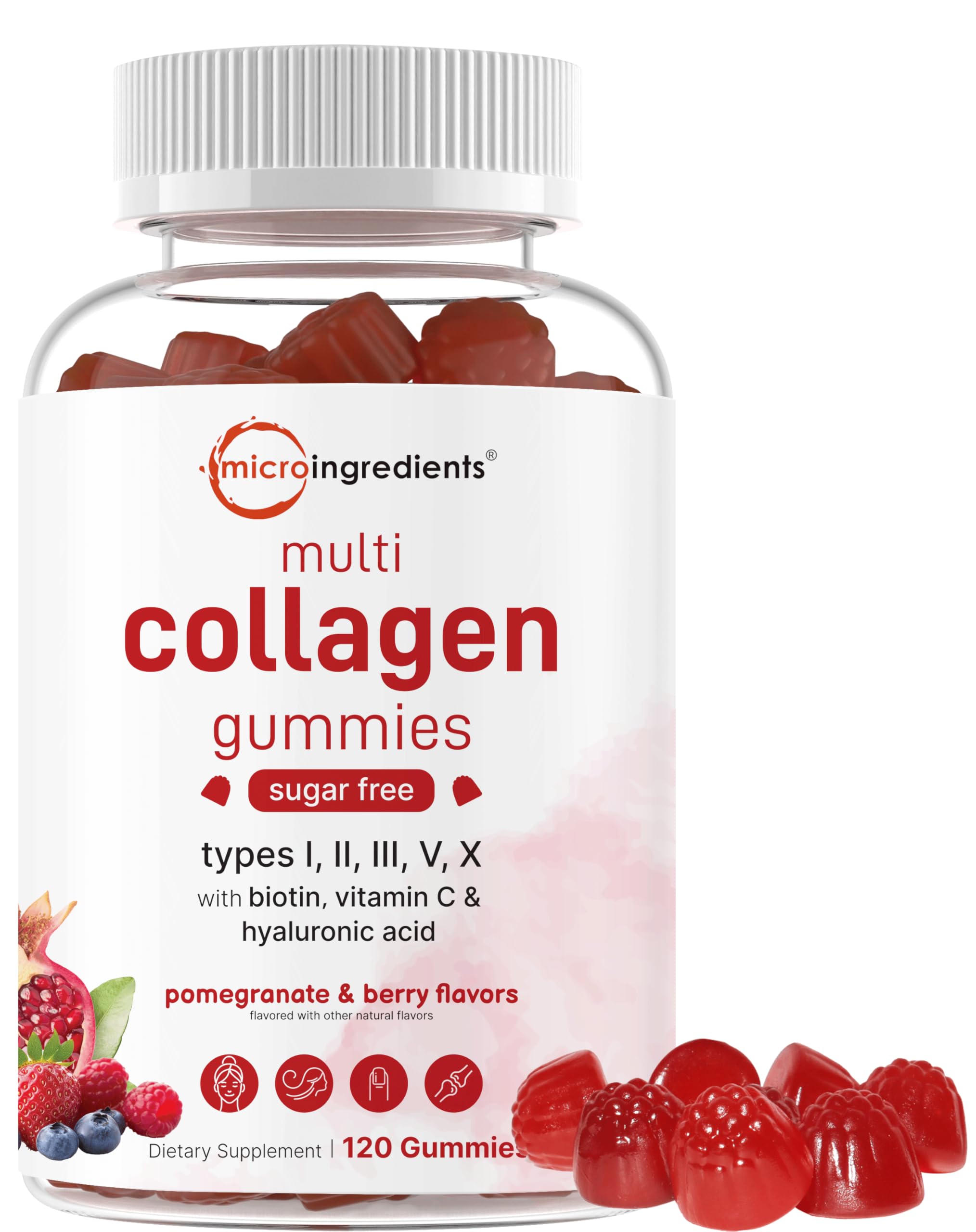 Micro Ingredients Multi Collagen Peptides, 120 Collagen Gummies | Type I,II,III,V,X Protein with Biotin, Hyaluronic Acid, & Vitamin C Complex | Pomegranate & Berry Flavored | Sugar Free, Non-GMO
