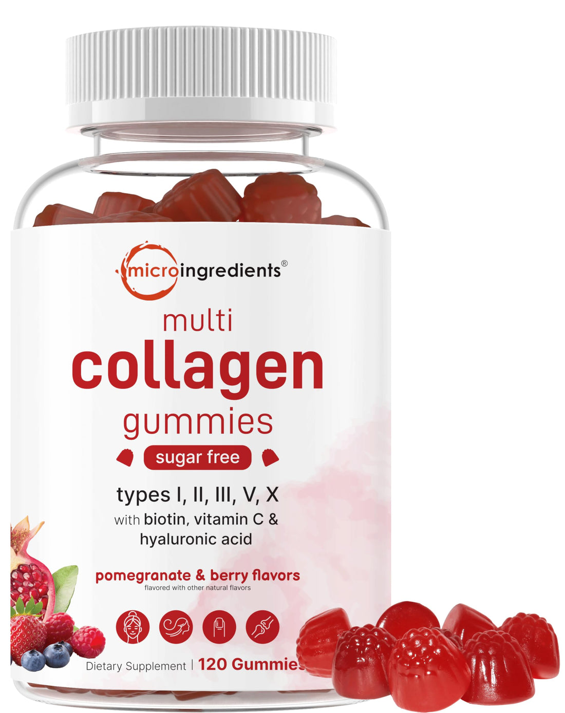 Micro Ingredients Multi Collagen Peptides, 120 Collagen Gummies | Type I,II,III,V,X Protein with Biotin, Hyaluronic Acid, & Vitamin C Complex | Pomegranate & Berry Flavored | Sugar Free, Non-GMO