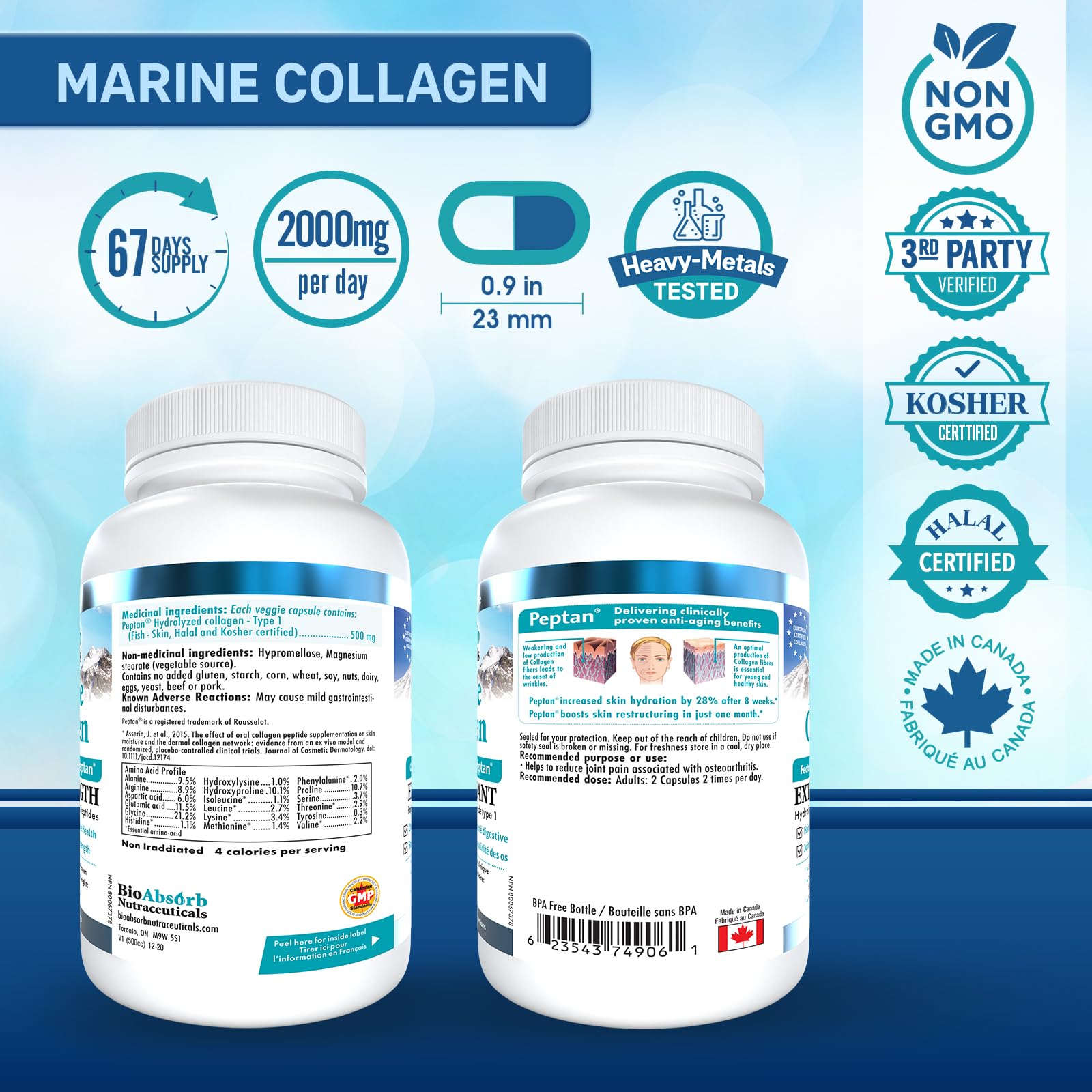 Bio Absorb Marine Collagen Capsules, Mercury Free, No Fish Aftertaste, 67-Day Supply of Hydrolyzed Marine Collagen Powder, Type 1 Marine Collagen Peptides (270 Pills of Fish Collagen Powder)