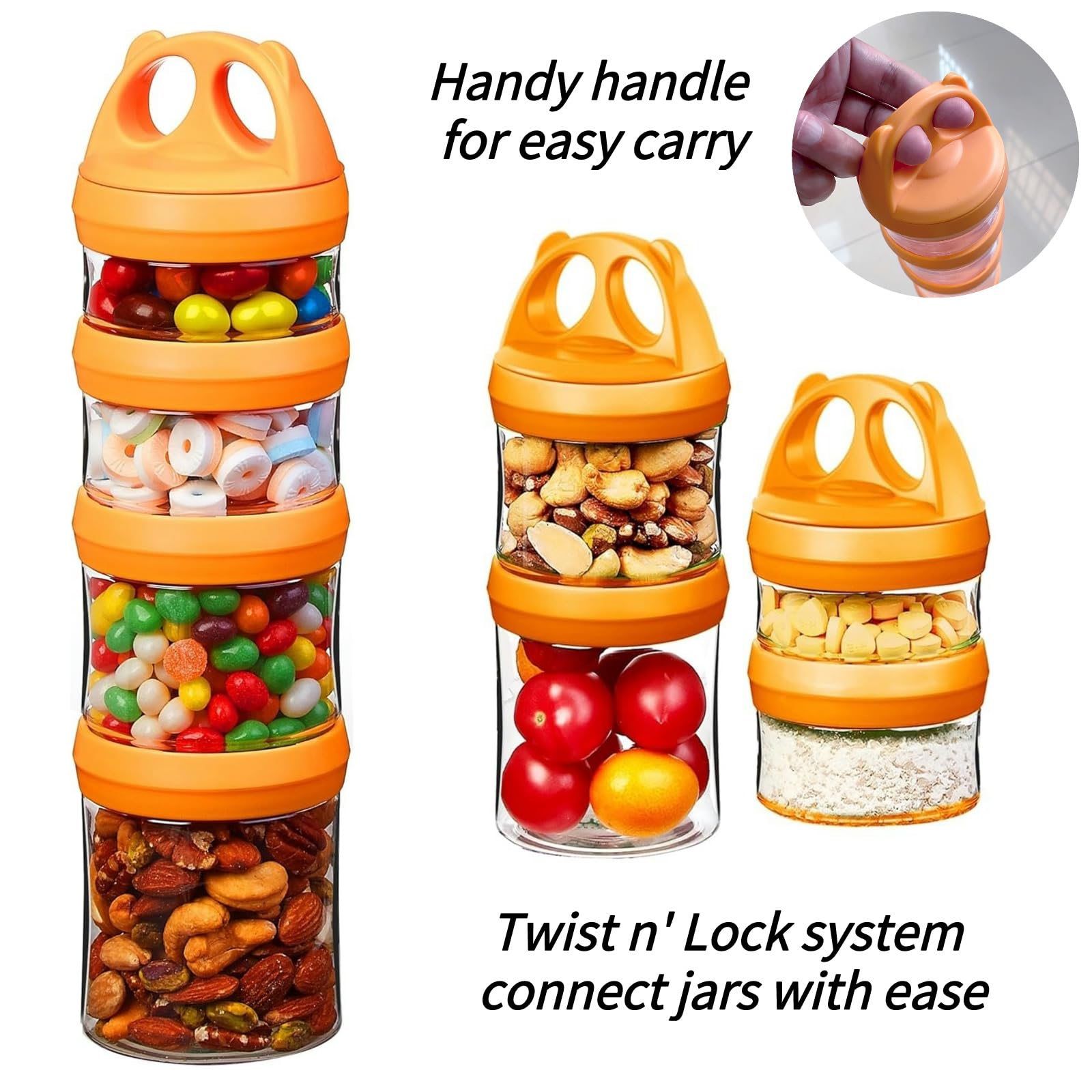 SELEWARE Portable Stackable Food Storage Containers for Snacks Formula Powder and Drinks Twist Lock System Airtight Leak-proof BPA and Phthalate Free 4 Piece Jars 31oz Orange