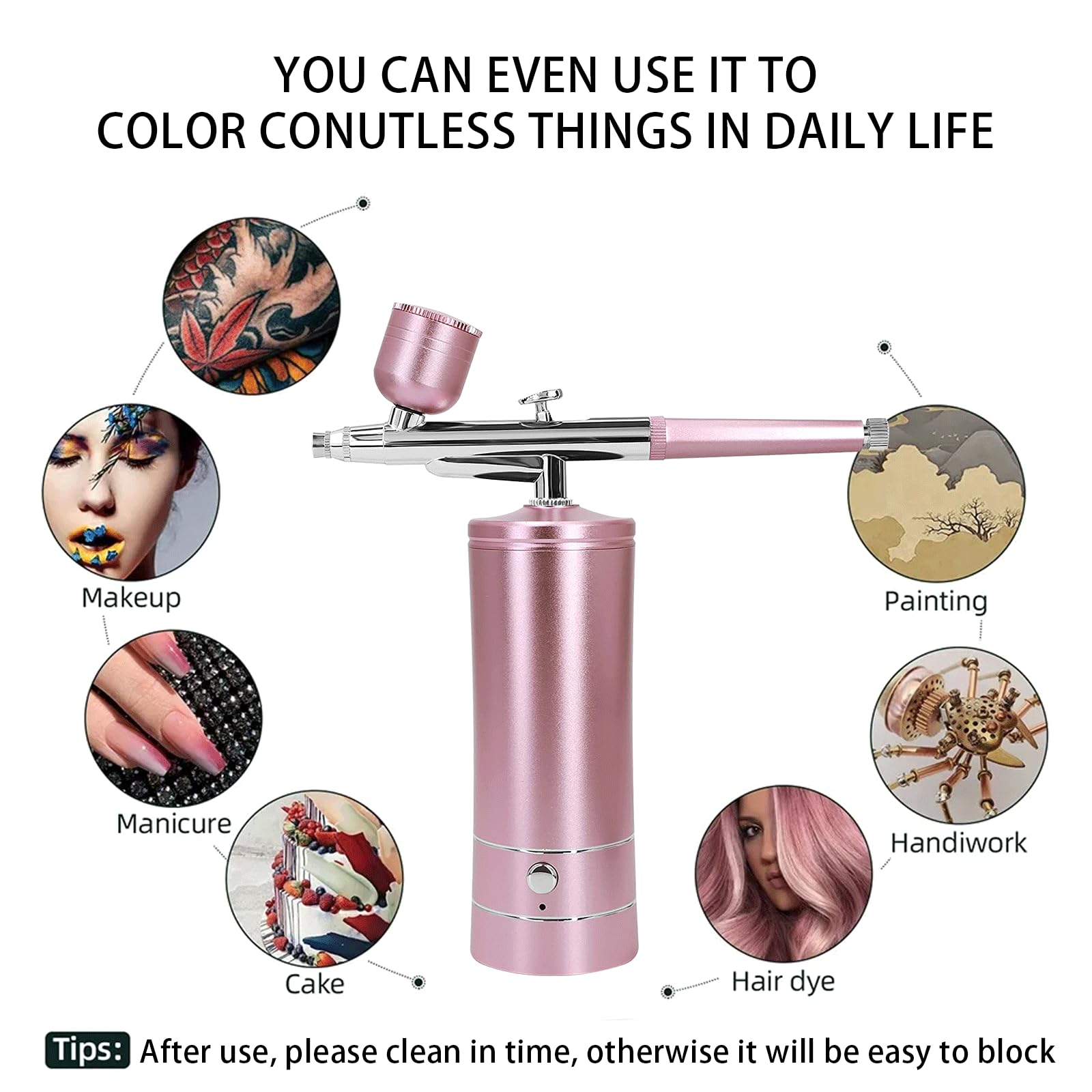 Airbrush-Kit Air Brush Kit With Air Compressor Nail Charms Wireless Air Brush for Barber, Nail Art, Cake Decor, Makeup, Model Painting (Pink - with extension tube)