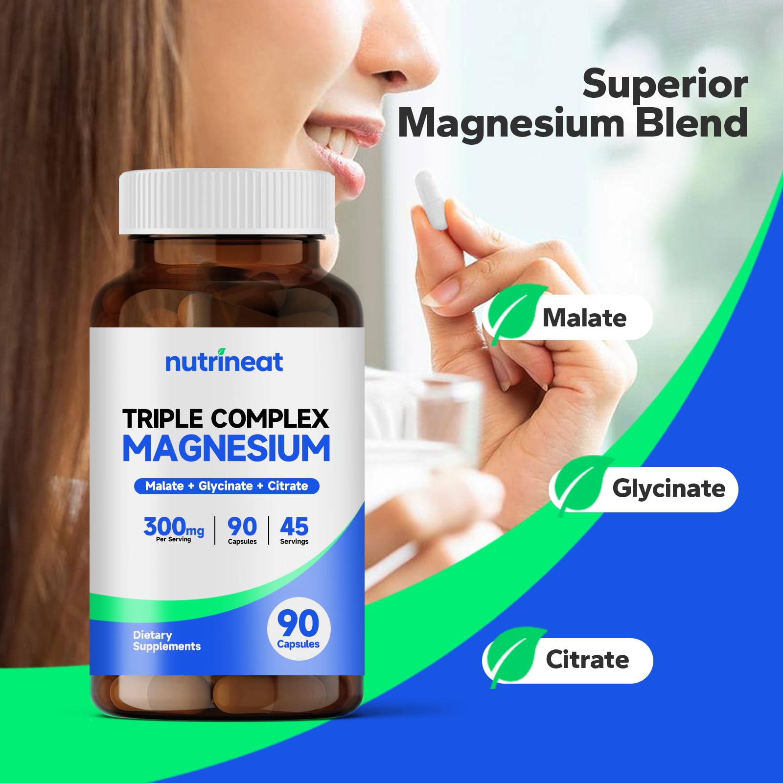 NutriNeat Triple Magnesium Complex (90 Capsules), 300mg of Magnesium Glycinate, Citrate & Malate, High Absorption, Muscle Vitality Enhancing, Boosts Performance & Strength