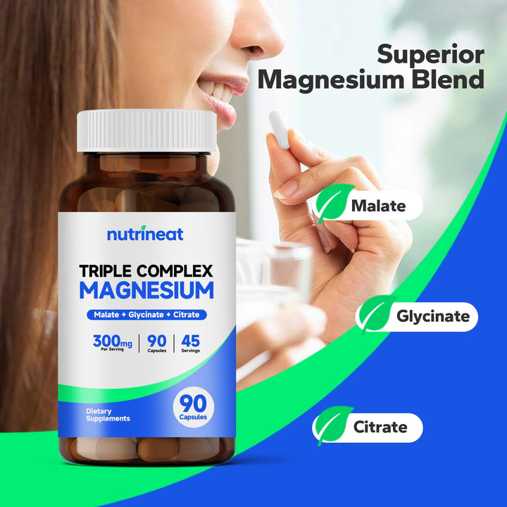 NutriNeat Triple Magnesium Complex (90 Capsules), 300mg of Magnesium Glycinate, Citrate & Malate, High Absorption, Muscle Vitality Enhancing, Boosts Performance & Strength
