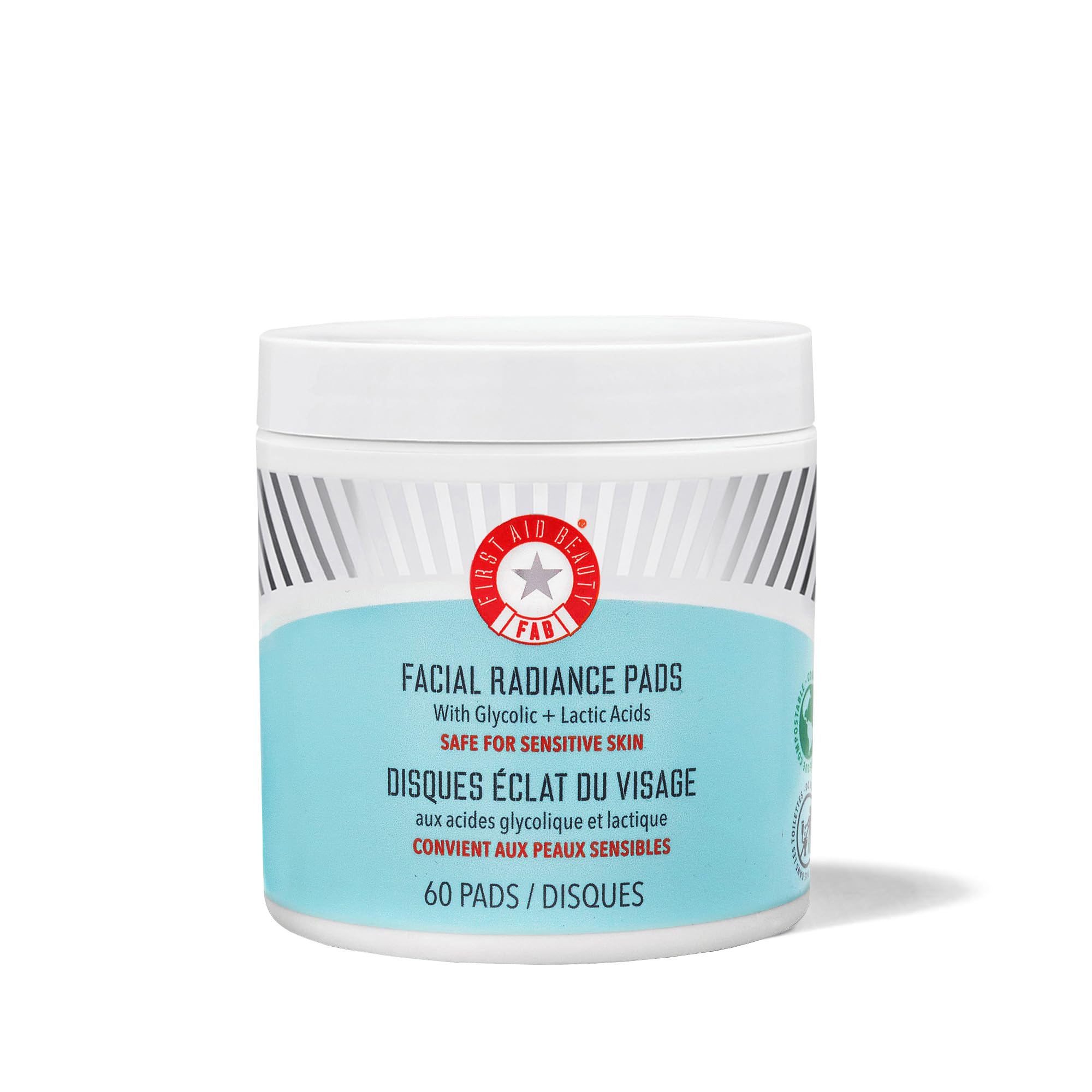 First Aid Beauty - Facial Radiance Pads with Glycolic & Lactic Acids, Daily Exfoliating pads with AHA that Help Tone & Brighten Skin, One-Step Makeup Prep, Compostable for Daily Use, 60 ct