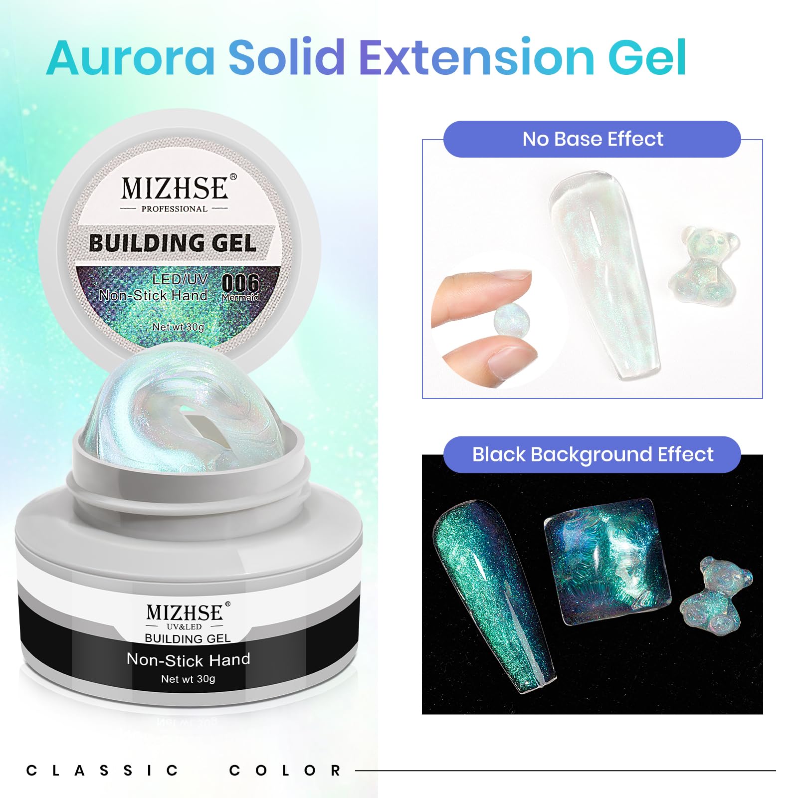 MIZHSE Mermaid Aurora Solid Builder Gel, 1oz Hard Gel for Nails 3D Non-sticky Builder Gels Polish Soak Off for Nails Salon Home DIY Manicure