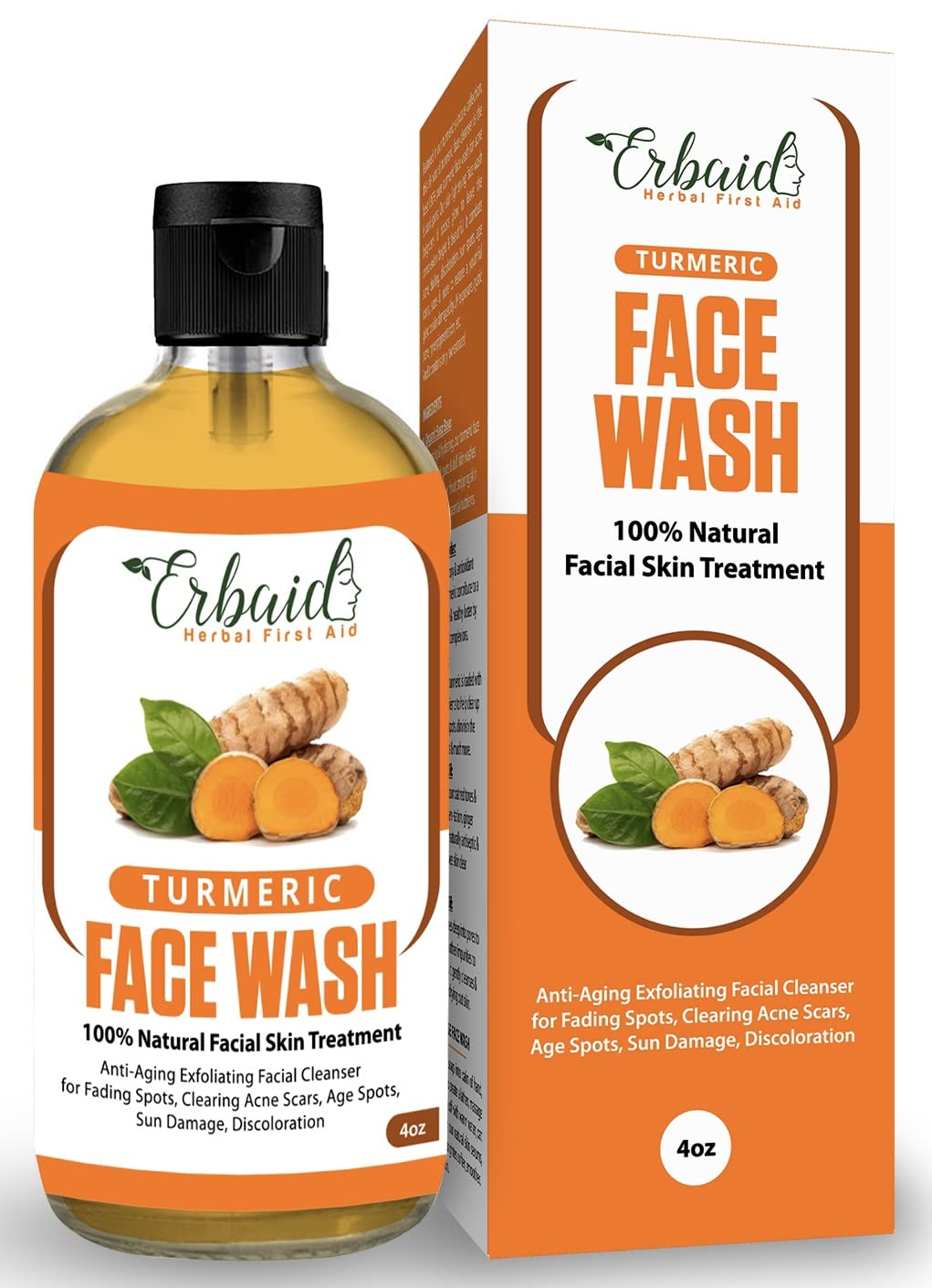 Erbaid Turmeric Face Wash, 4oz Clear Skin Liquid Soap – 100% Natural Exfoliating Turmeric Facial Cleanser – Turmeric Brightening Soap Skin Detox Treatment Made in USA