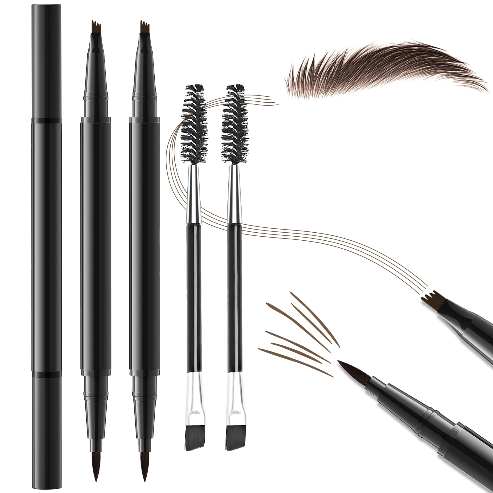 2PCS Microblading Eyebrow Pencil with Brush, 2-In-1 Dual-Ended Waterproof Eyebrow Pen with 4-Fork-Tip & Ultra-Precise-Tip for Hair-Like Natural Eyebrow Makeup, Eye Brow Pencils for Women -Dark Brown