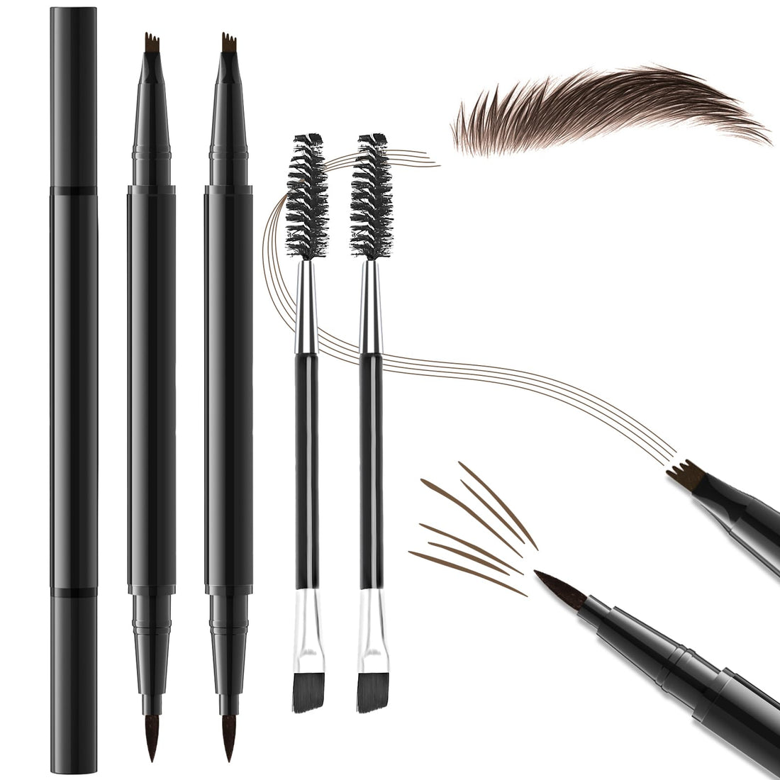 2PCS Microblading Eyebrow Pencil with Brush, 2-In-1 Dual-Ended Waterproof Eyebrow Pen with 4-Fork-Tip & Ultra-Precise-Tip for Hair-Like Natural Eyebrow Makeup, Eye Brow Pencils for Women -Dark Brown
