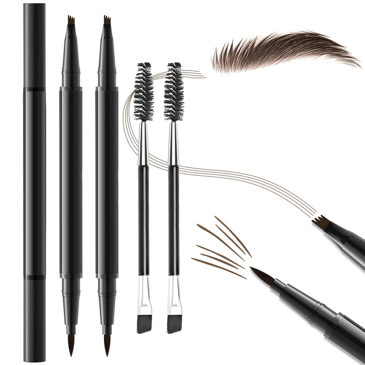 2PCS Microblading Eyebrow Pencil with Brush, 2-In-1 Dual-Ended Waterproof Eyebrow Pen with 4-Fork-Tip & Ultra-Precise-Tip for Hair-Like Natural Eyebrow Makeup, Eye Brow Pencils for Women -Dark Brown