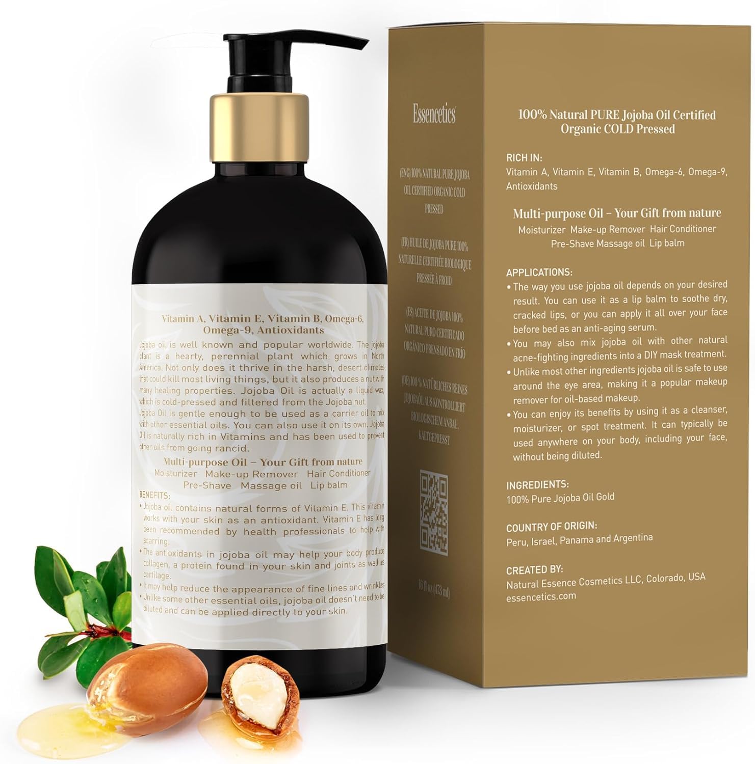 Essencetics Organic Jojoba Oil 16 oz - 100% Pure & Natural Jojoba Massage Oil for Hair, Skin, Body, & Face - Natural Cold Pressed Unrefined - Hexane Free Massage Oil for Massage Therapy & Date Night