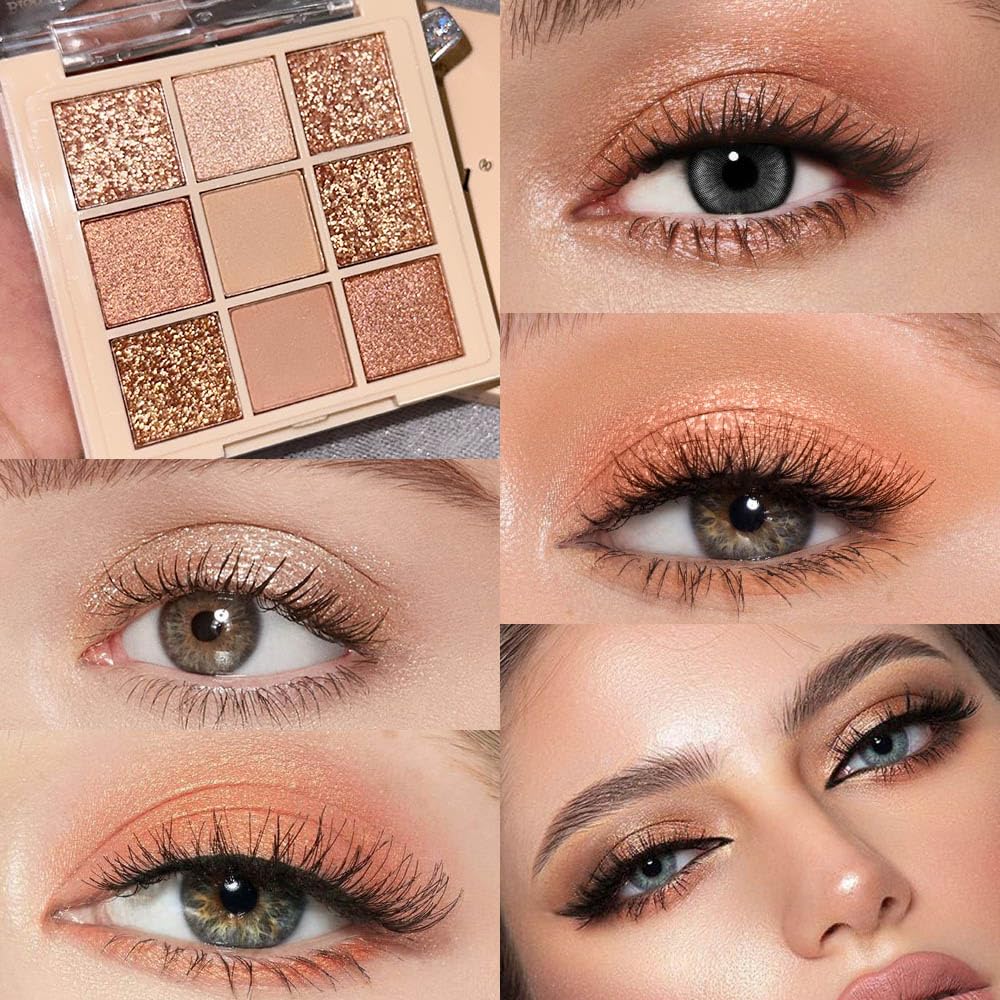 9Colors Champagne Rose Gold Eye Shadow Palette Makeup,Shimmer Pink Eyeshadow Palette Nude Glitter Sparkly Eye Shadows Long Lasting Waterproof Blendable Naturing-Looking