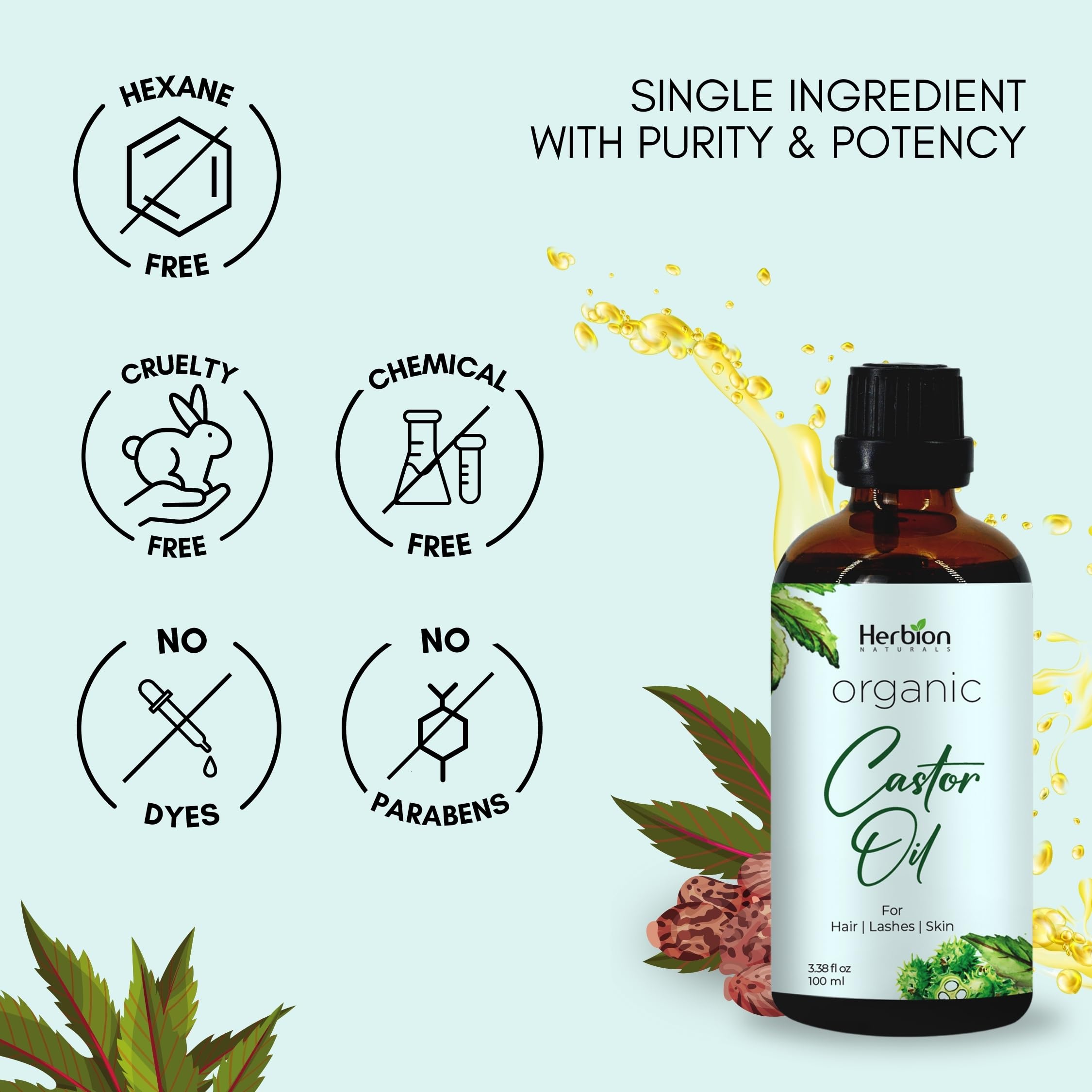 Herbion Naturals Organic Castor Oil (3.3 oz) USDA Certified, 100% Pure, Cold Pressed, Hexane-Free. Boosts Growth of Hair, Lashes, Eyebrows. Skin Moisturizer & Hair Treatment. Glass Bottle with Dropper