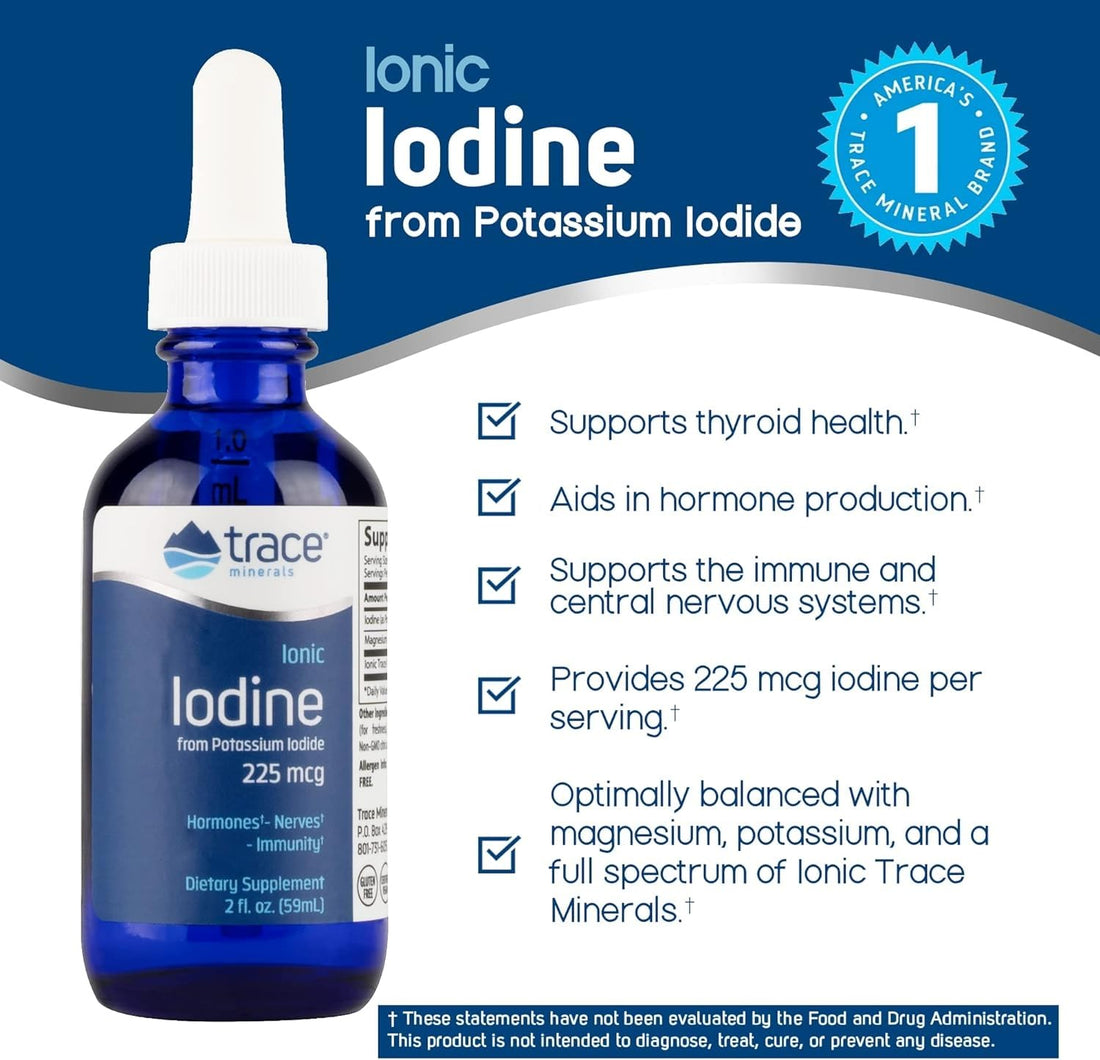 Trace Minerals Ionic Iodine 225 mcg - Gel Supplement to Support Immune System & Thyroid Health - Iodine Drops with Magnesium - Supports Healthy Nervous System - 2 fl oz (295 Servings)