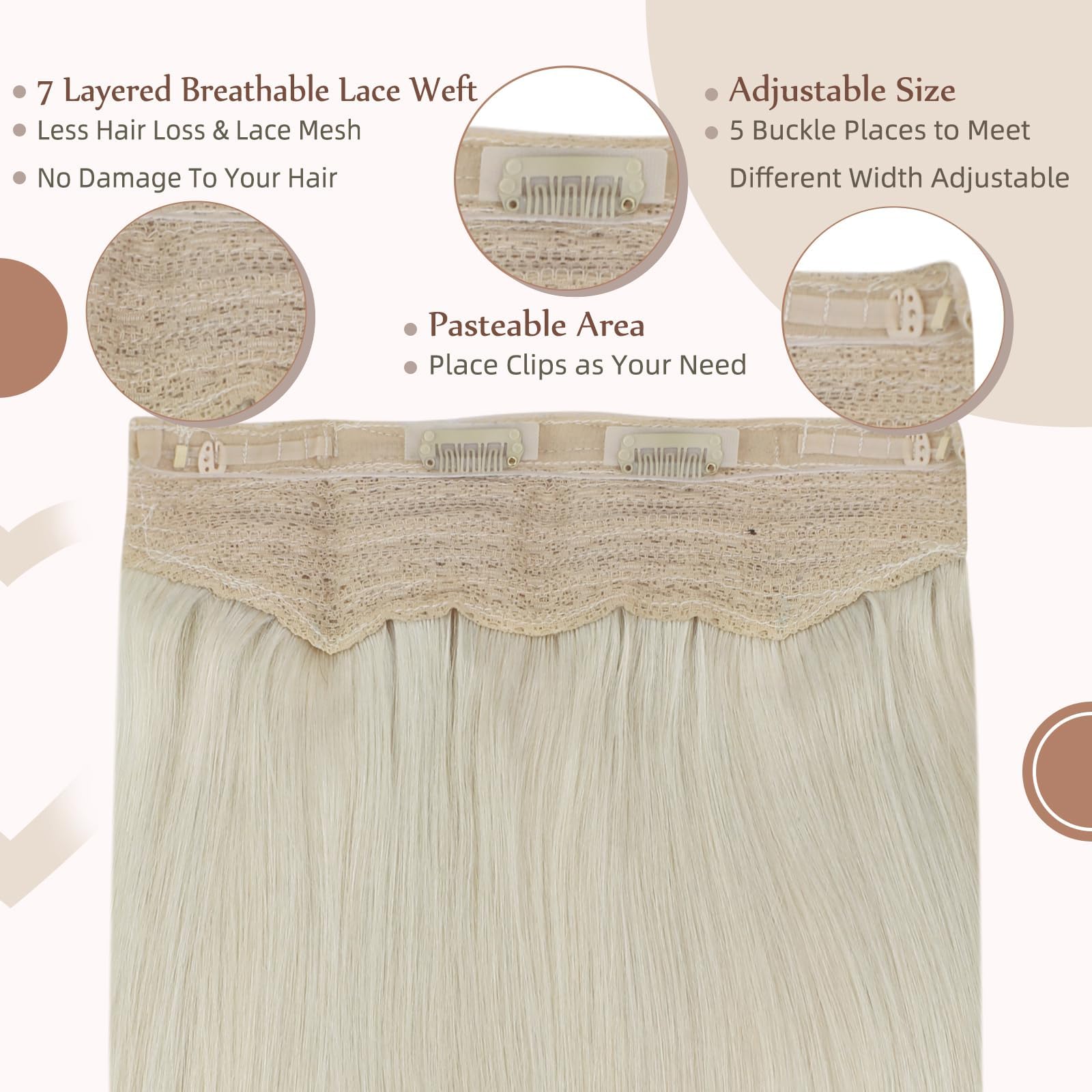 Fshine Headband Hair Extensions Human Hair Hidden Wire Crown Extensions Lightest Blonde 16Inch Invisible Extensions Human Hair for Thin Hair 80G Secret Human Hair Extensions with Transparent Wire