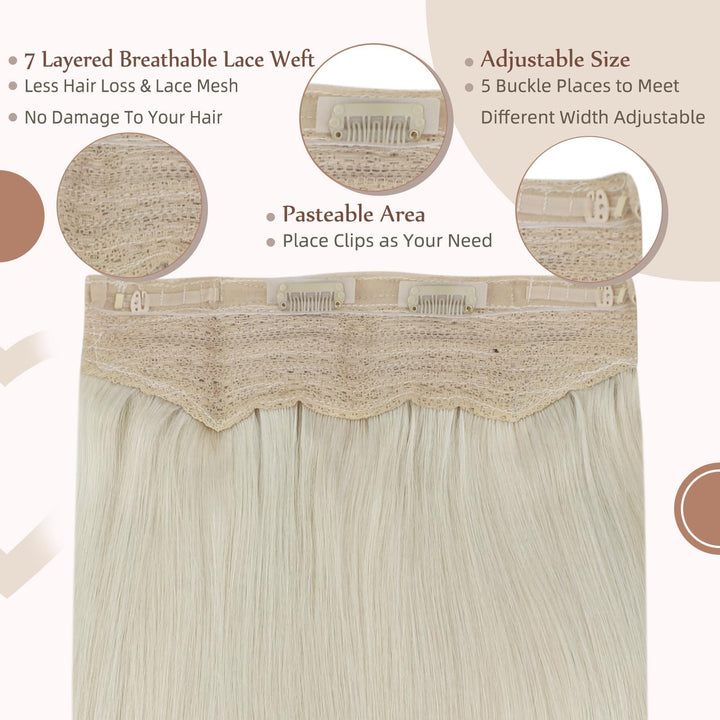 Fshine Headband Hair Extensions Human Hair Hidden Wire Crown Extensions Lightest Blonde 16Inch Invisible Extensions Human Hair for Thin Hair 80G Secret Human Hair Extensions with Transparent Wire