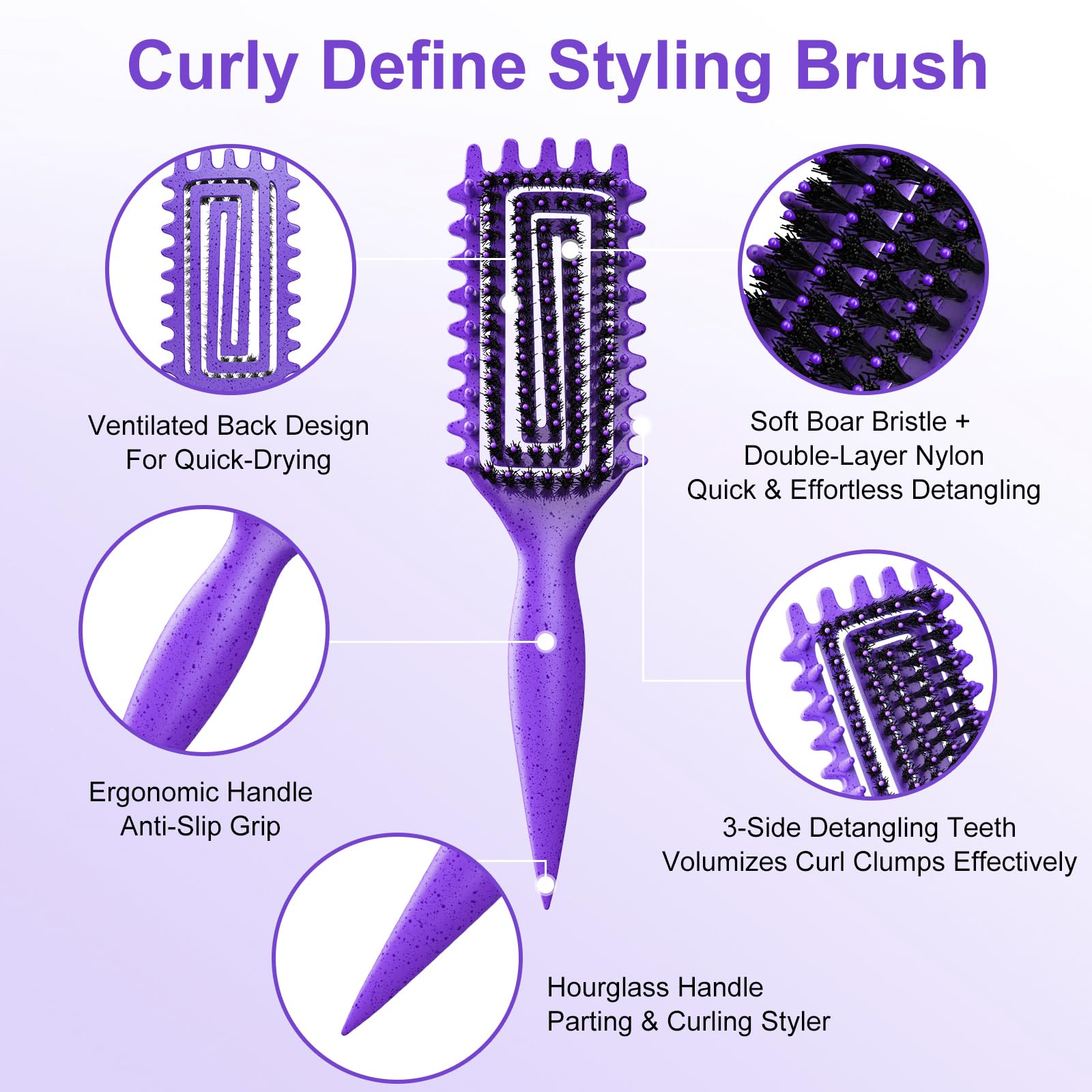 2-Pack Curly Hair Brush, Curl Defining Brush with Soft Boar Bristles Detangling Tangled Glides, Wide-Teeth Design Effortlessly Shaping & Defining Curls, Curling Definer for Wet & Dry Hair(Pink Purple)