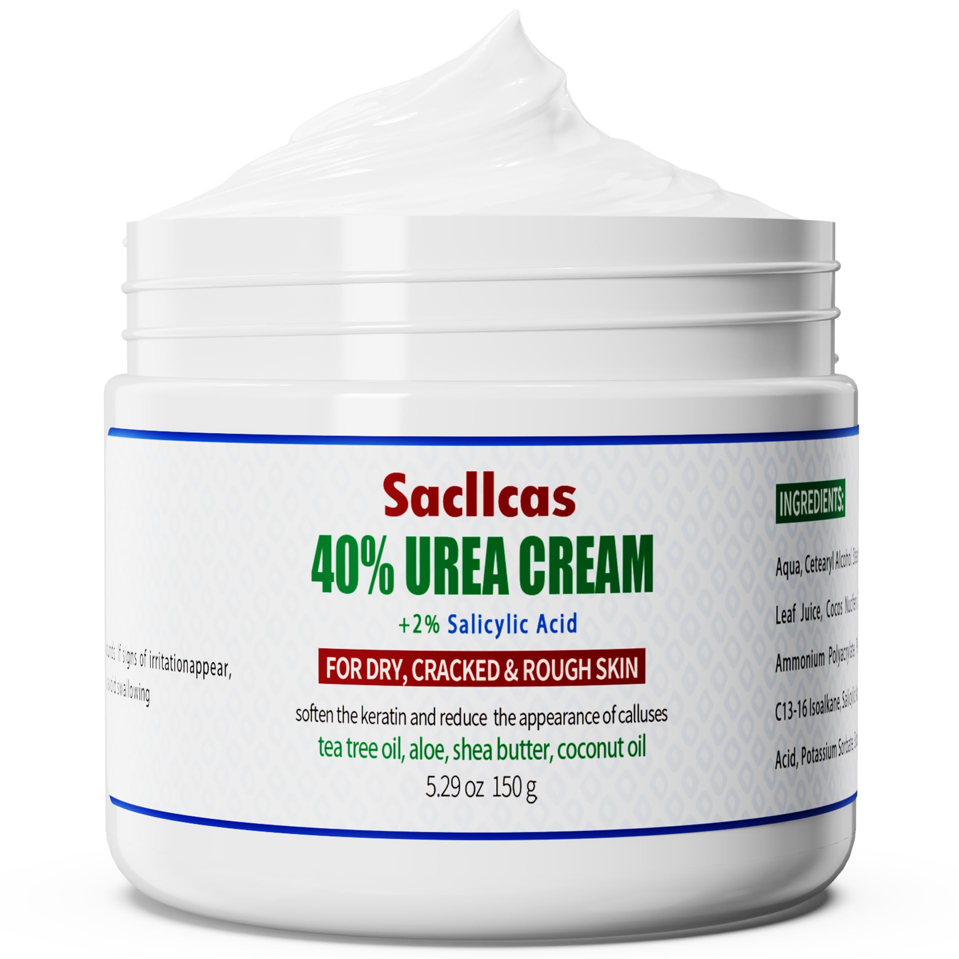 SACLLCAS Urea Cream 40% Plus Salicylic Acid 2% - Fast Absorption, No Strong Odor. Foot Dry and Cracked Foot Cream, Gentle Exfoliating Moisturizing, Suitable for Feet, Hands and Knees