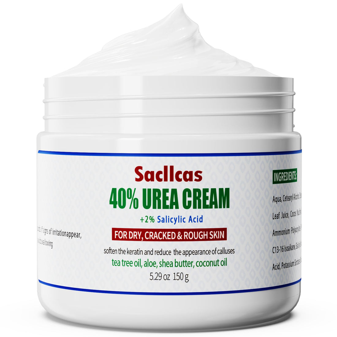 SACLLCAS Urea Cream 40% Plus Salicylic Acid 2% - Fast Absorption, No Strong Odor. Foot Dry and Cracked Foot Cream, Gentle Exfoliating Moisturizing, Suitable for Feet, Hands and Knees
