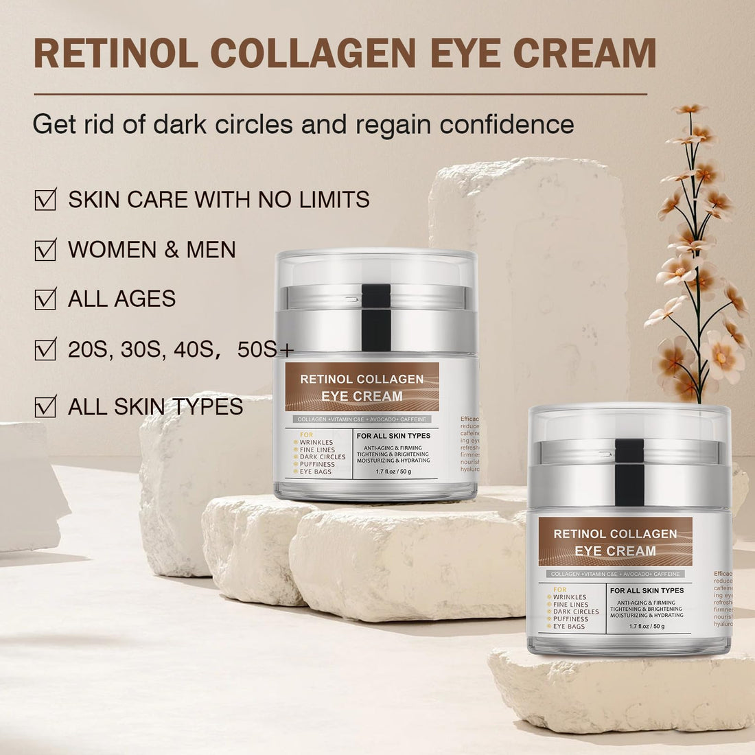 Retinol Eye Cream for Dark Circles and Puffiness Bags, Caffeine Eye Creams with Collagen,Vitamin C & E,Avocado,Under Eyes Repair Creams, Anti Aging Wrinkle Eye Cream for Women Men Christmas Gifts