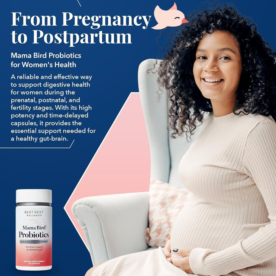 Best Nest Wellness Mama Bird Probiotics - Digestive Health Supplement Aids Gut - Brain Support - 50 Billion CFU Multi-Probiotic Supplement for Women - Supports Healthy Gut Biome - 30 Capsules