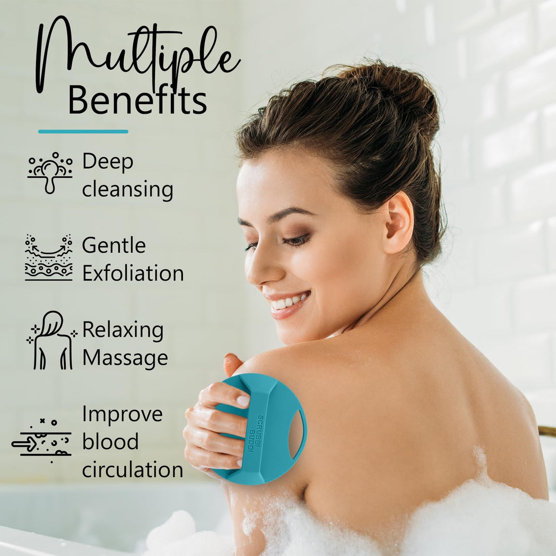 Scrubbi Buddi - Silicone Body Scrubber, Exfoliating Loofah with Handle, Body Brush, Gentle Body Scrubber, Scrubber for Sensitive Skin, Travel Body Scrub, Silicone Scrub Pet Friendly (Sky Blue)