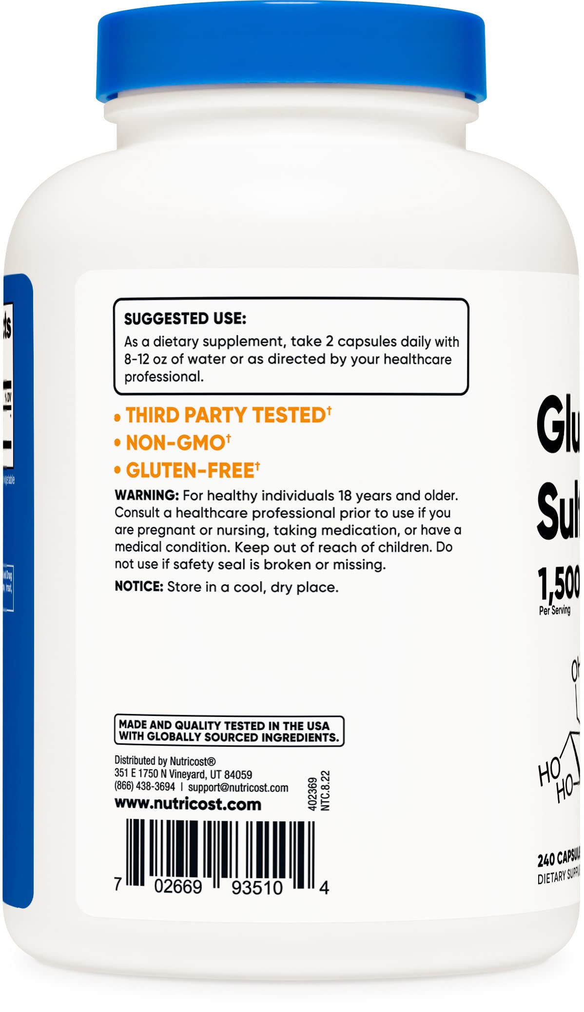 Nutricost Glucosamine Sulfate 1500mg, 240 Capsules - 750mg Per Capsule, Gluten Free, Non-GMO