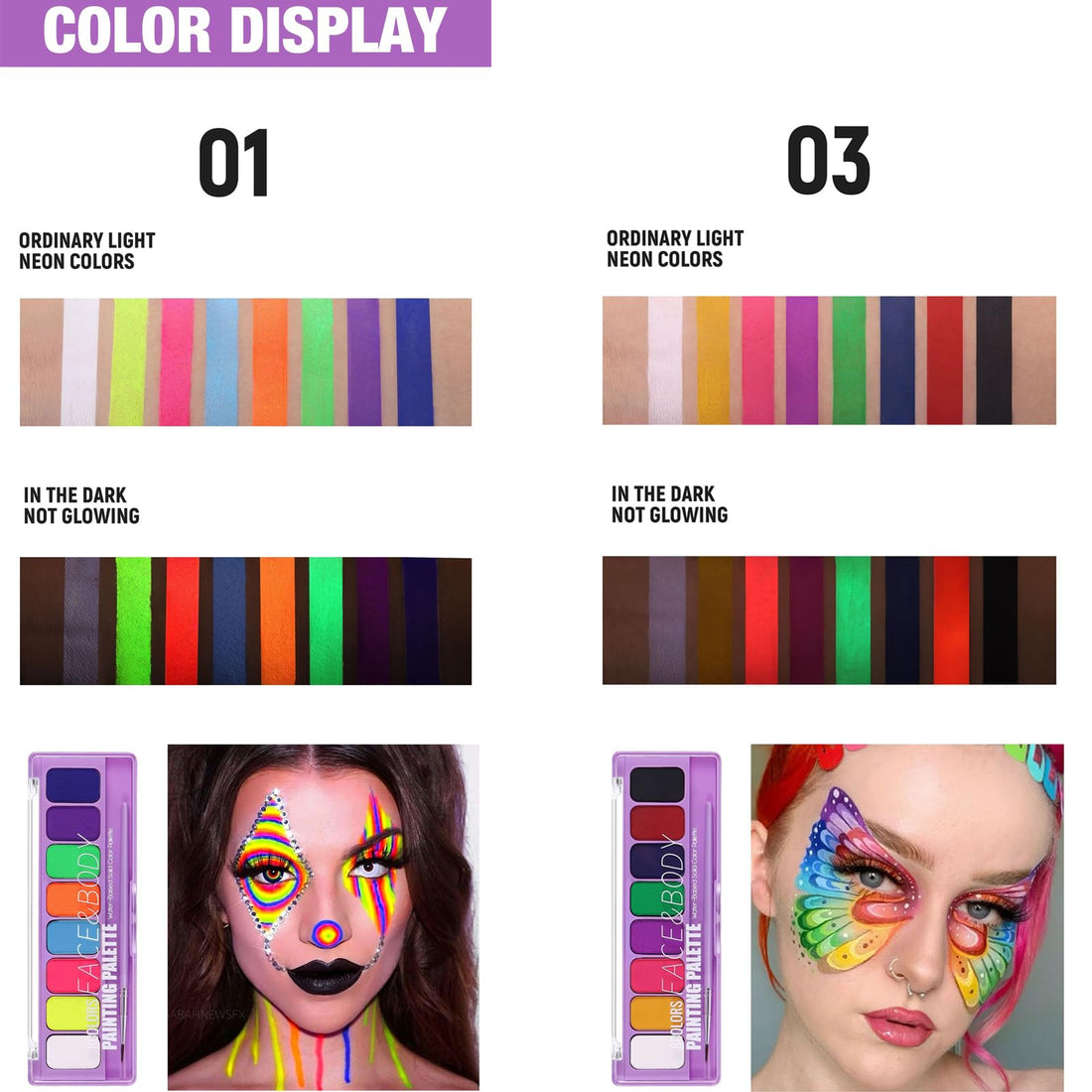 MEICOLY 2 Packs Water Activated Eye Liner Palette,Neon Face Paint Colored Retro Hydra Liner,Water Activated Eyeliner,Matte Graphic Eyeliner,UV Blacklight Glow Black White Face Body Paint,16 Colors