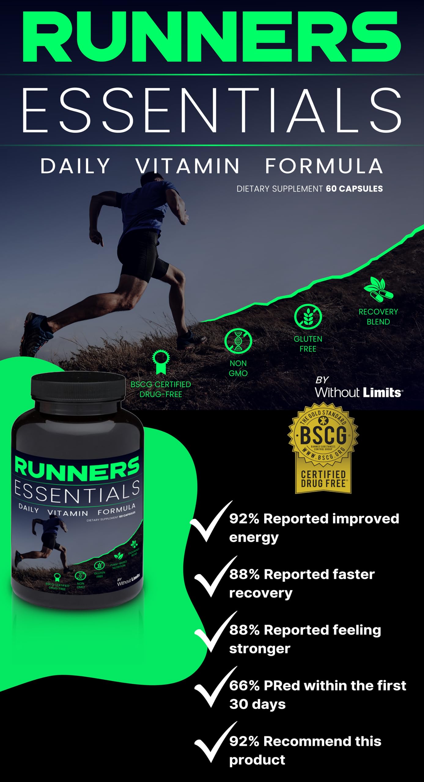 Without Limits Runners Essentials Daily Vitamin Formula - Runners Daily Vitamin - One Month Supply - 60 Capsules