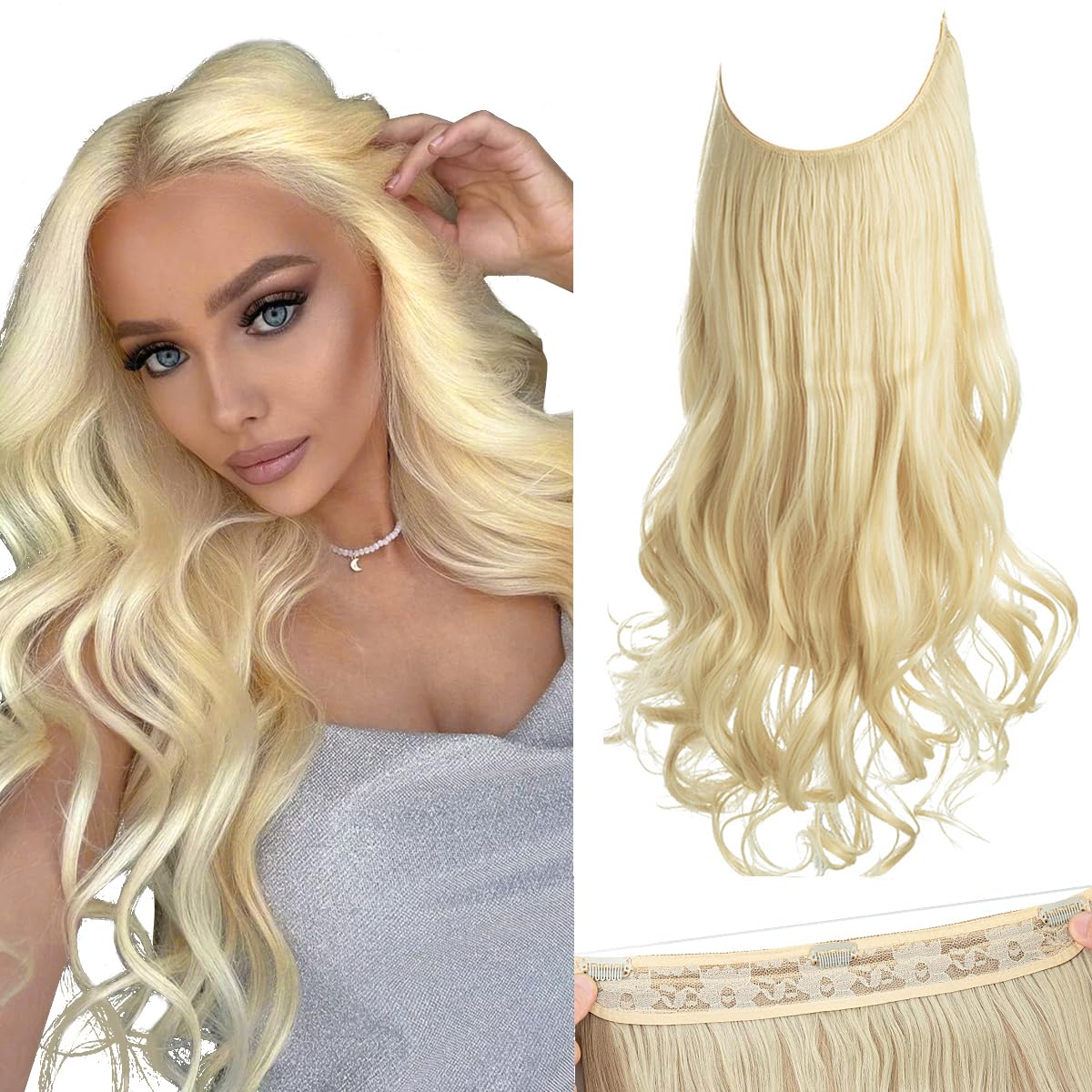 SARLA® Halo Synthetic Hairpieces Flip in Women Hair Extensions Natural Wave Invisible Halo Hair Extensions M01 (613# bleach blonde)