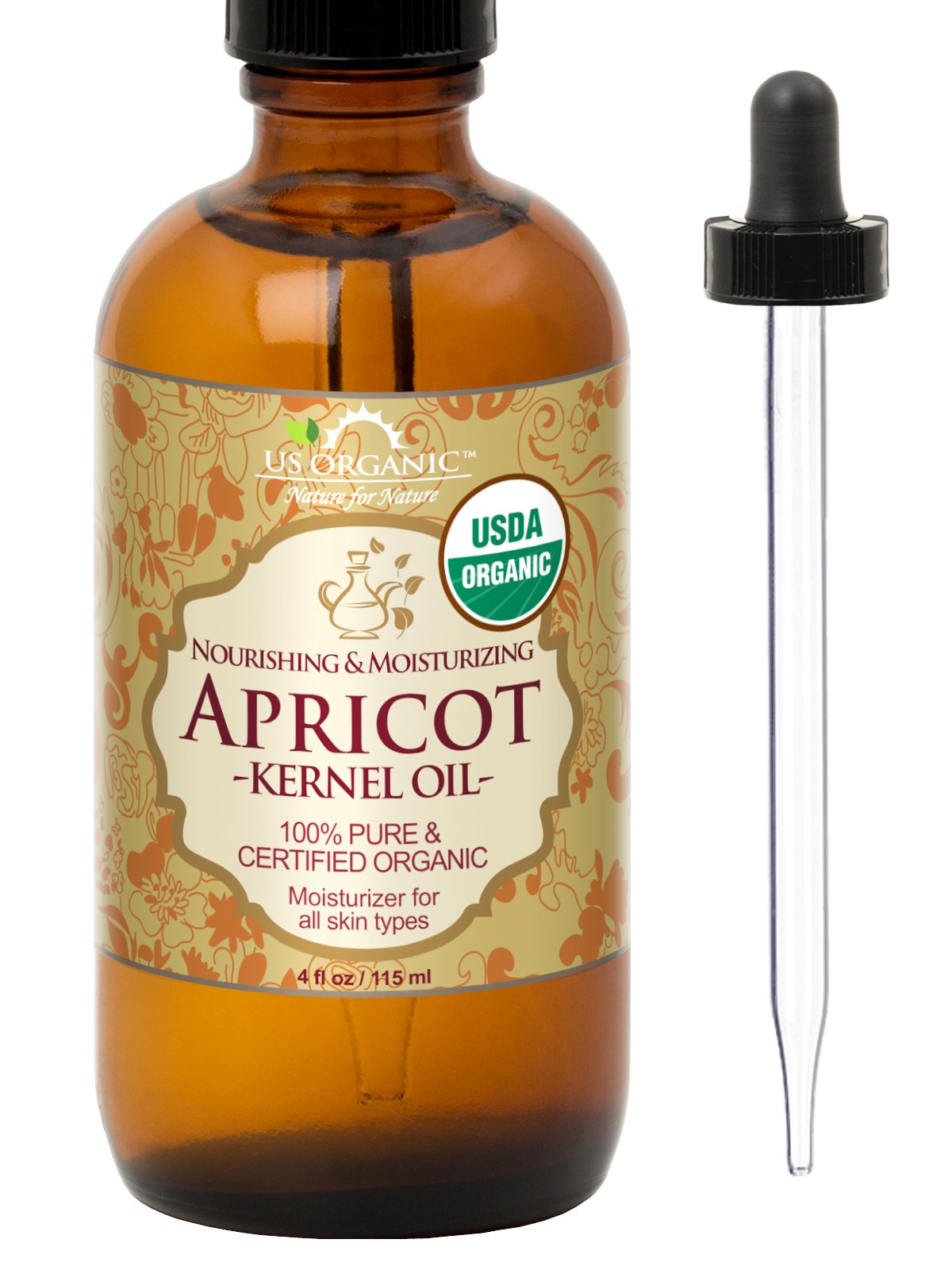 US Organic Apricot Kernel Oil, USDA Certified Organic,100% Pure & Natural, Cold Pressed Virgin, Unrefined in Amber Glass Bottle w/ Glass Eyedropper for Easy Application (4 oz (115 ml))