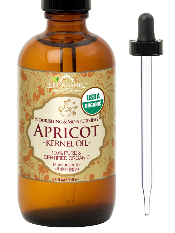 US Organic Apricot Kernel Oil, USDA Certified Organic,100% Pure & Natural, Cold Pressed Virgin, Unrefined in Amber Glass Bottle w/ Glass Eyedropper for Easy Application (4 oz (115 ml))