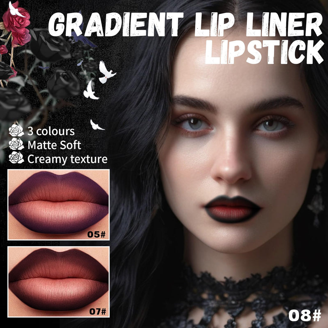 HOSAILY 3 Colors 2 in 1 Gothic Lip Liner Set, Matte Purple Dark Red Black Lip Liner Plumping Smooth Creamy Lip Pencil, High Pigmented Long lasting Lip Stain Lipstick Goth Halloween Makeup, 05+07+08