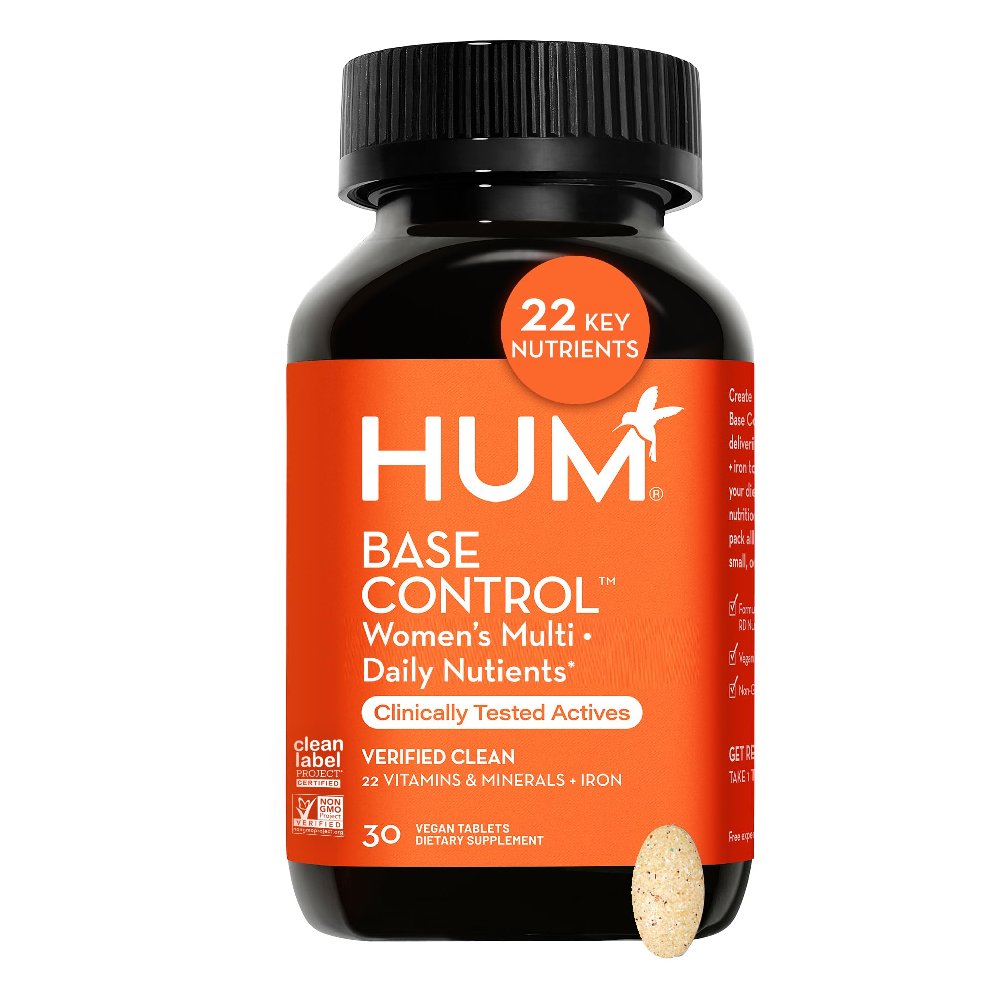 HUM Base Control - Daily Women's Multivitamin & Minerals w/B Complex, Vitamin C, 22 Micro-Nutrients + Iron & Biotin to Support Pre-Menopause Women - Non-GMO & Gluten-Free (30 Tablets)