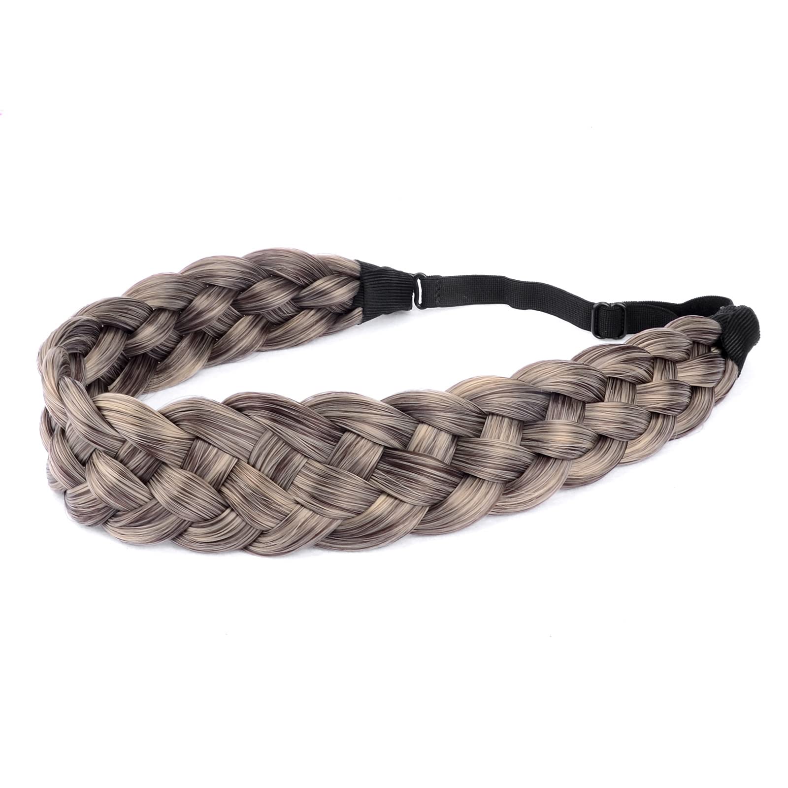 BOBIYA Synthetic Hair Braided Headband 5 Strands Classic Chunky Wide Plaited Braids Elastic Stretch Hairpiece for Women Girl Beauty Accessory, 56g (Gray Brown)